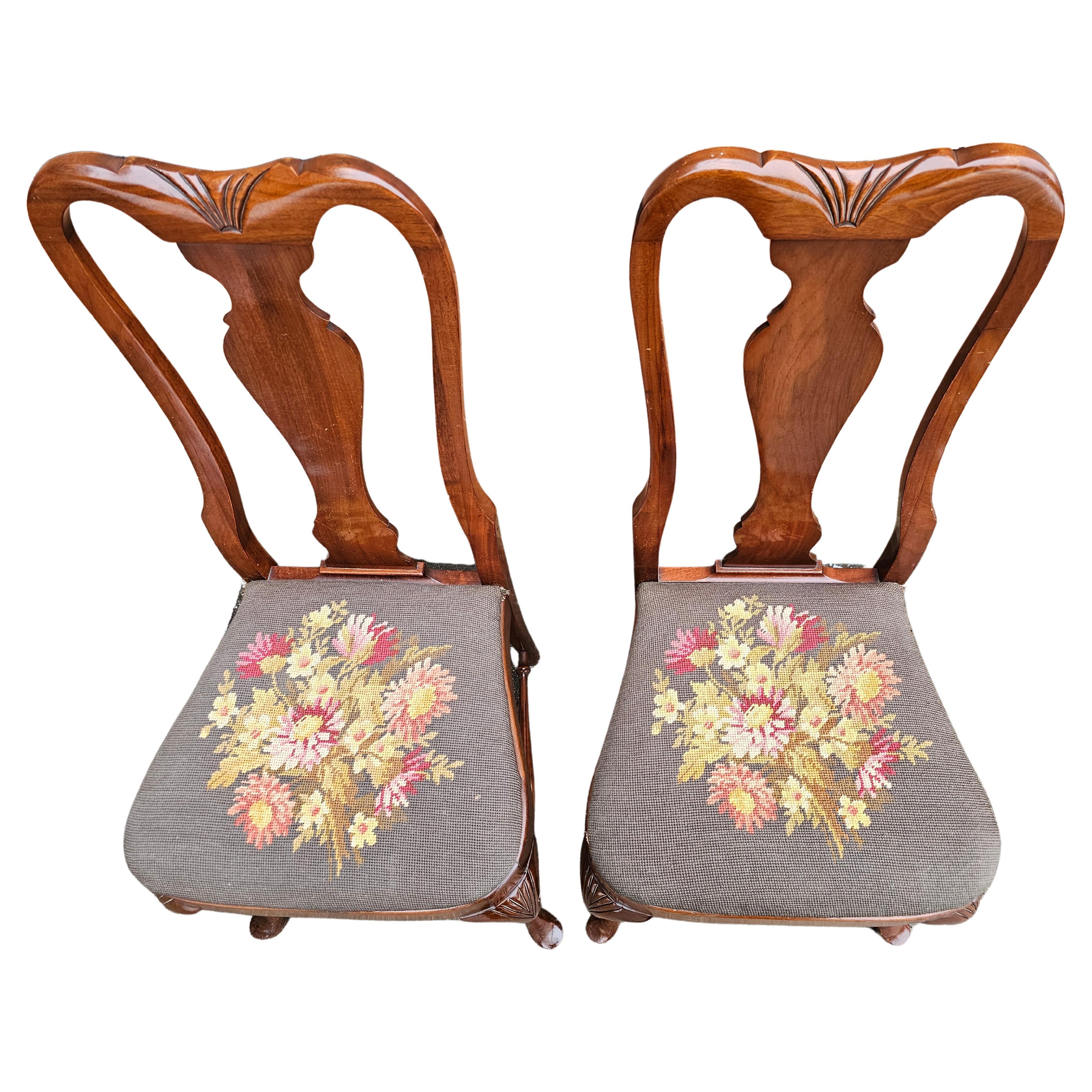 Queen Anne 19th Century Grand Ledge Mahogany and Needlepoint seat Dining Chairs, Pair For Sale