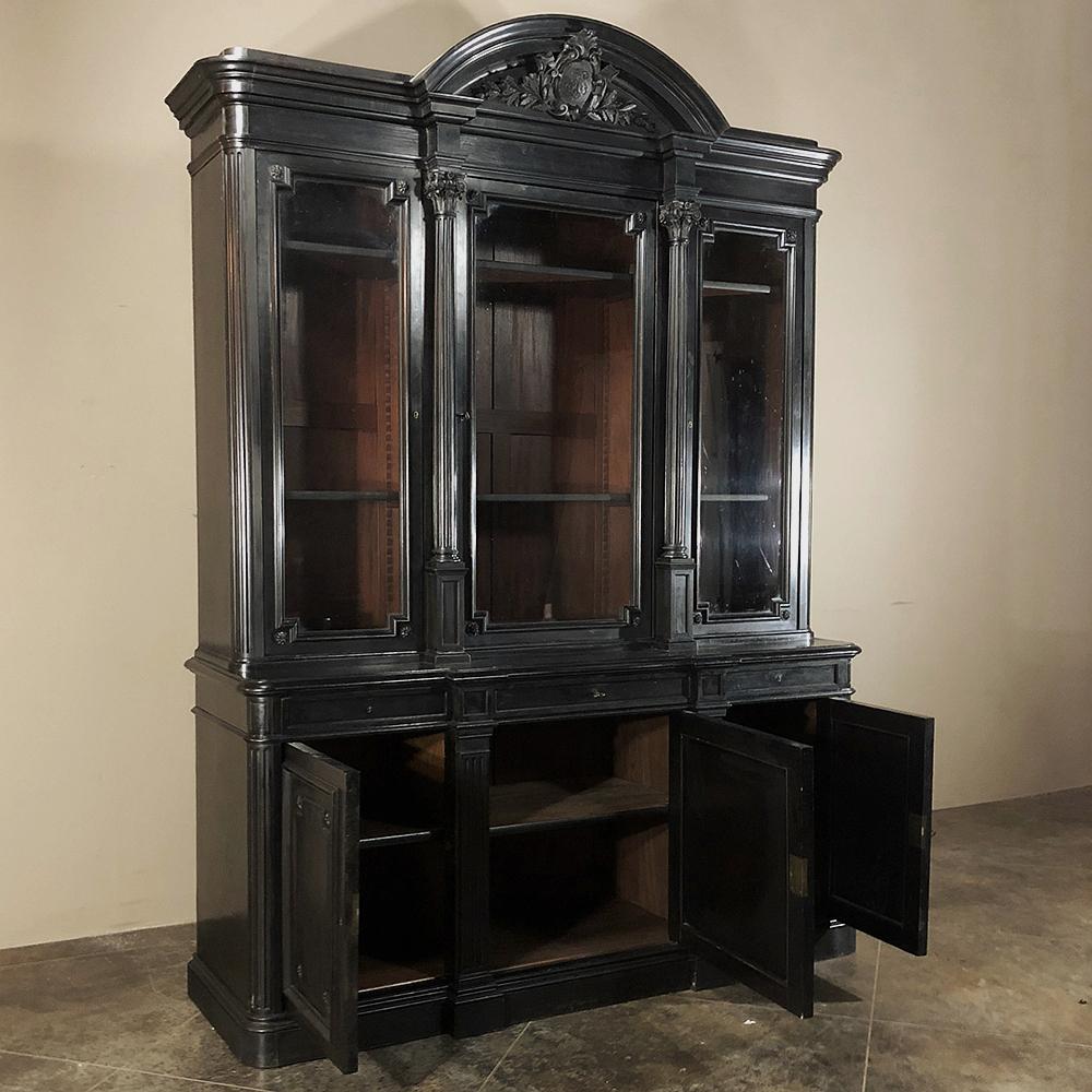 19th Century Grand Napoleon III Period Ebonized Triple Bookcase In Good Condition For Sale In Dallas, TX