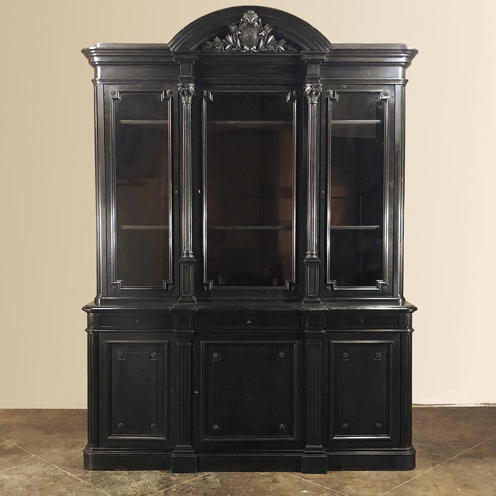 Walnut 19th Century Grand Napoleon III Period Ebonized Triple Bookcase For Sale