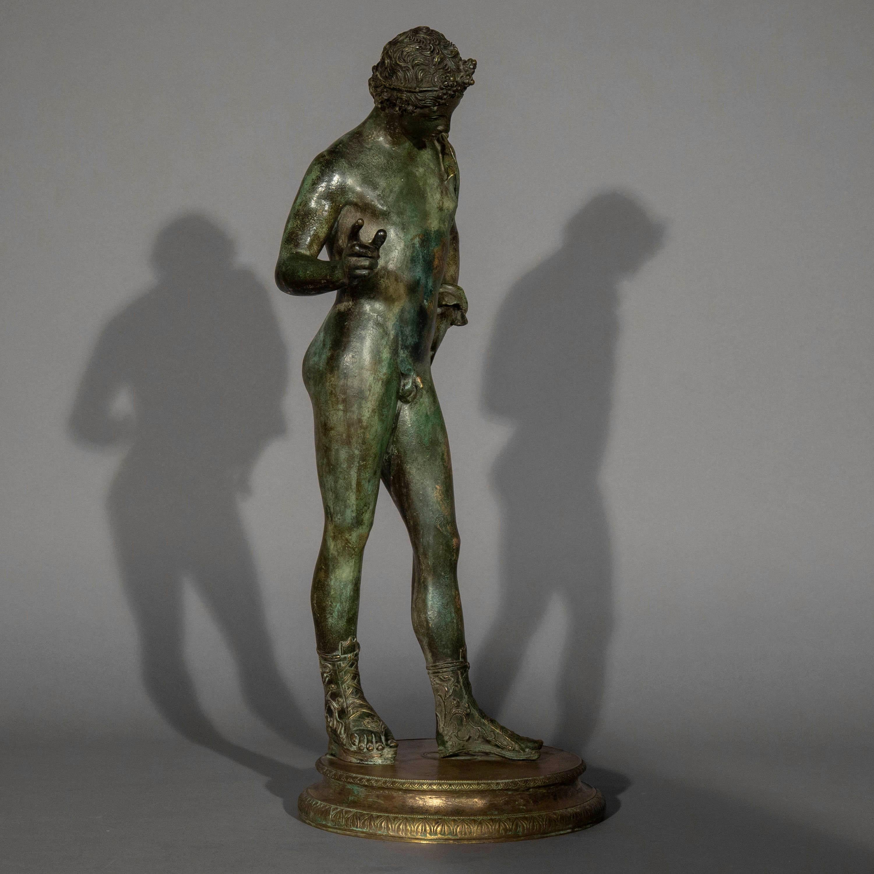 A very decorative 'Grand Tour' patinated bronze figure of a young man, representing Dionysos (Bacchus), previously thought to be Narcissus. By the Sommer foundry, Naples.
Italy, late 19th century

Great quality, original 'verdi-gris' patination.