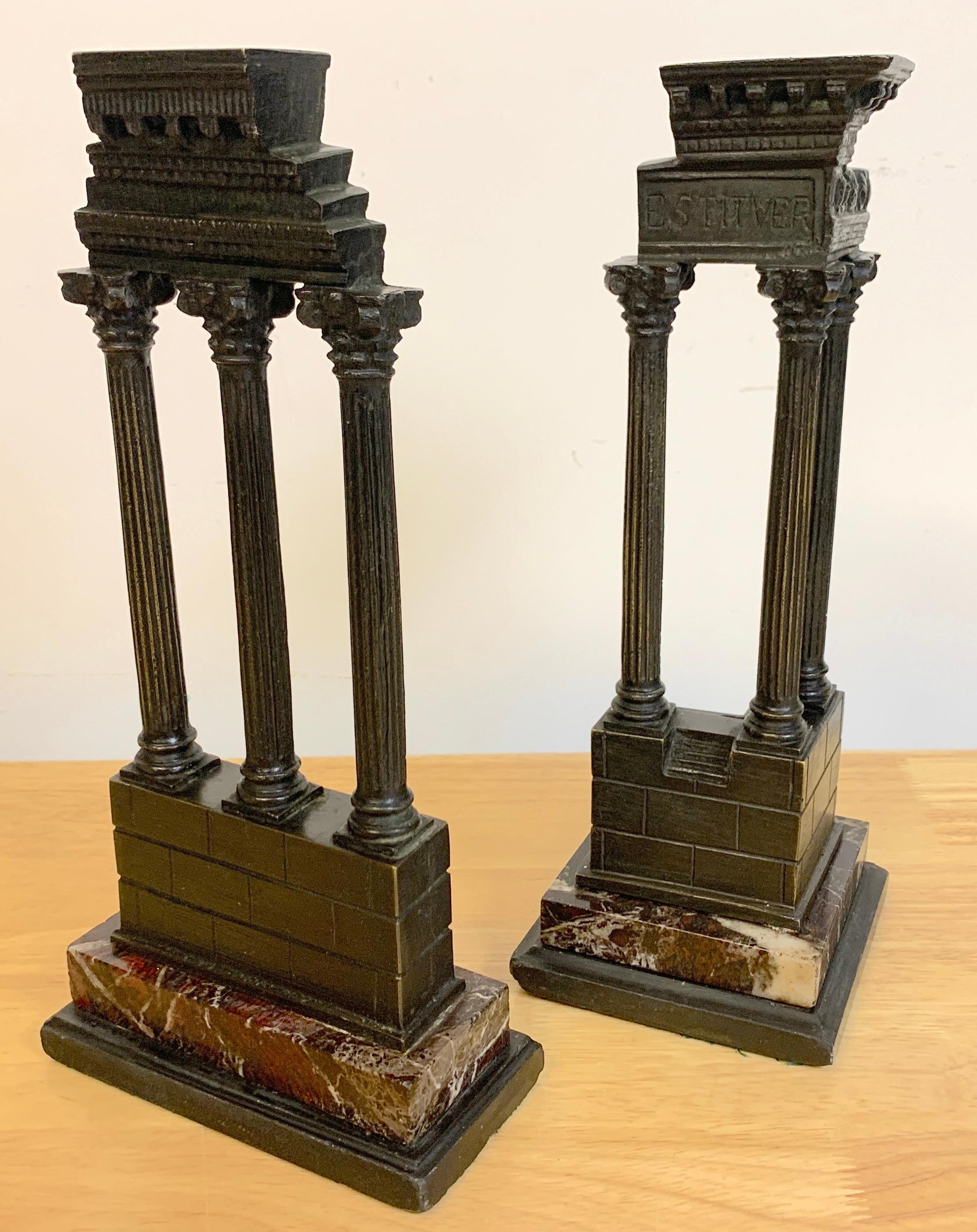 19th century Grand Tour bronze models roman forum columns, depicting the temple of castor and Pollux and the temple of Vespasian from the Roman Forum, raised on rouge marble bases.
Measures: Temple of castor and Pollux 5.75