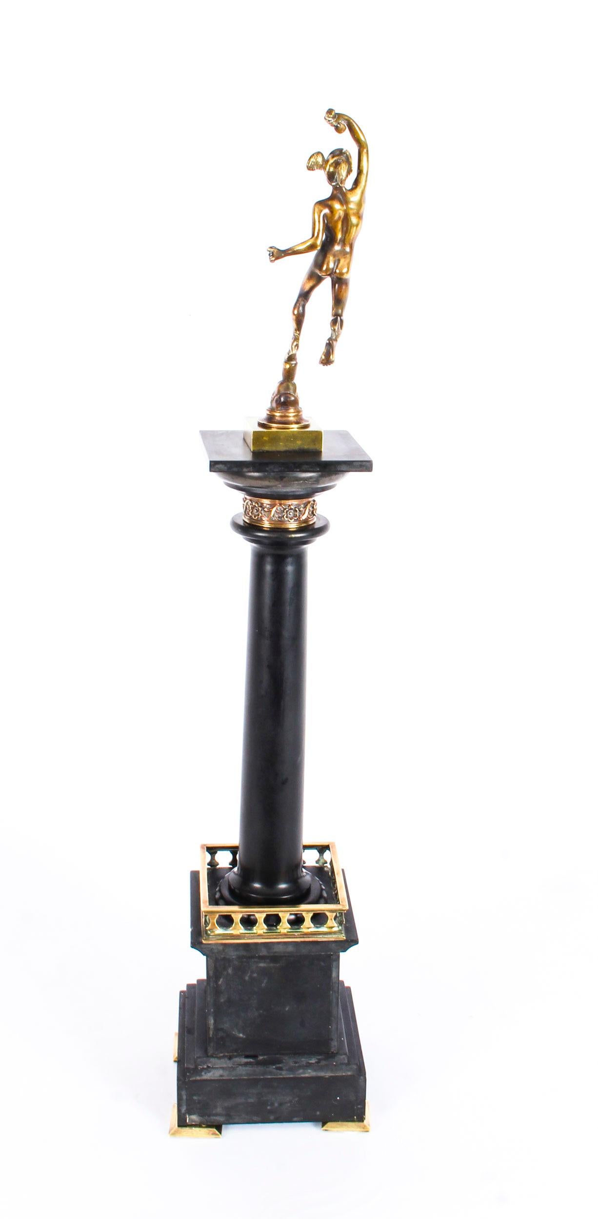 19th Century Grand Tour Bronze & Noir Belge Library Column Mercury Hermes 6