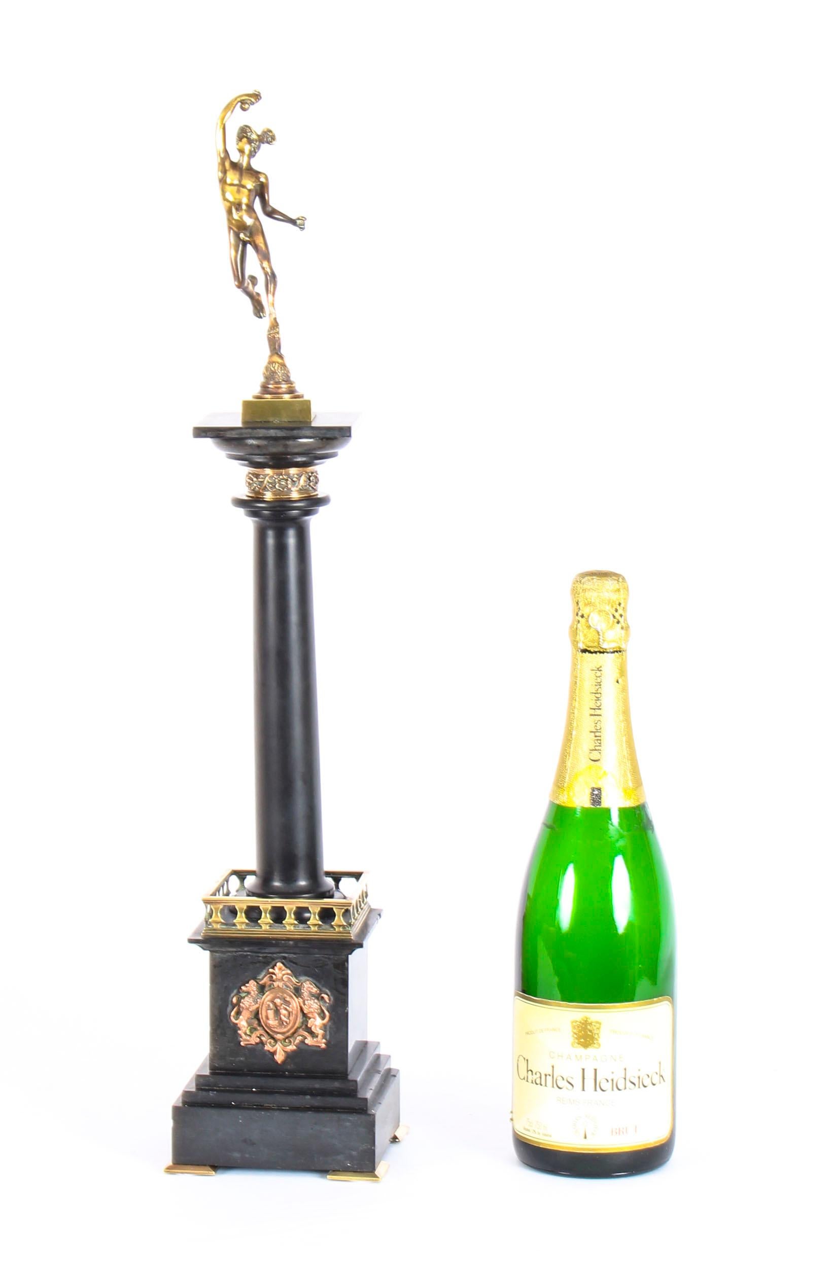 19th Century Grand Tour Bronze & Noir Belge Library Column Mercury Hermes 12