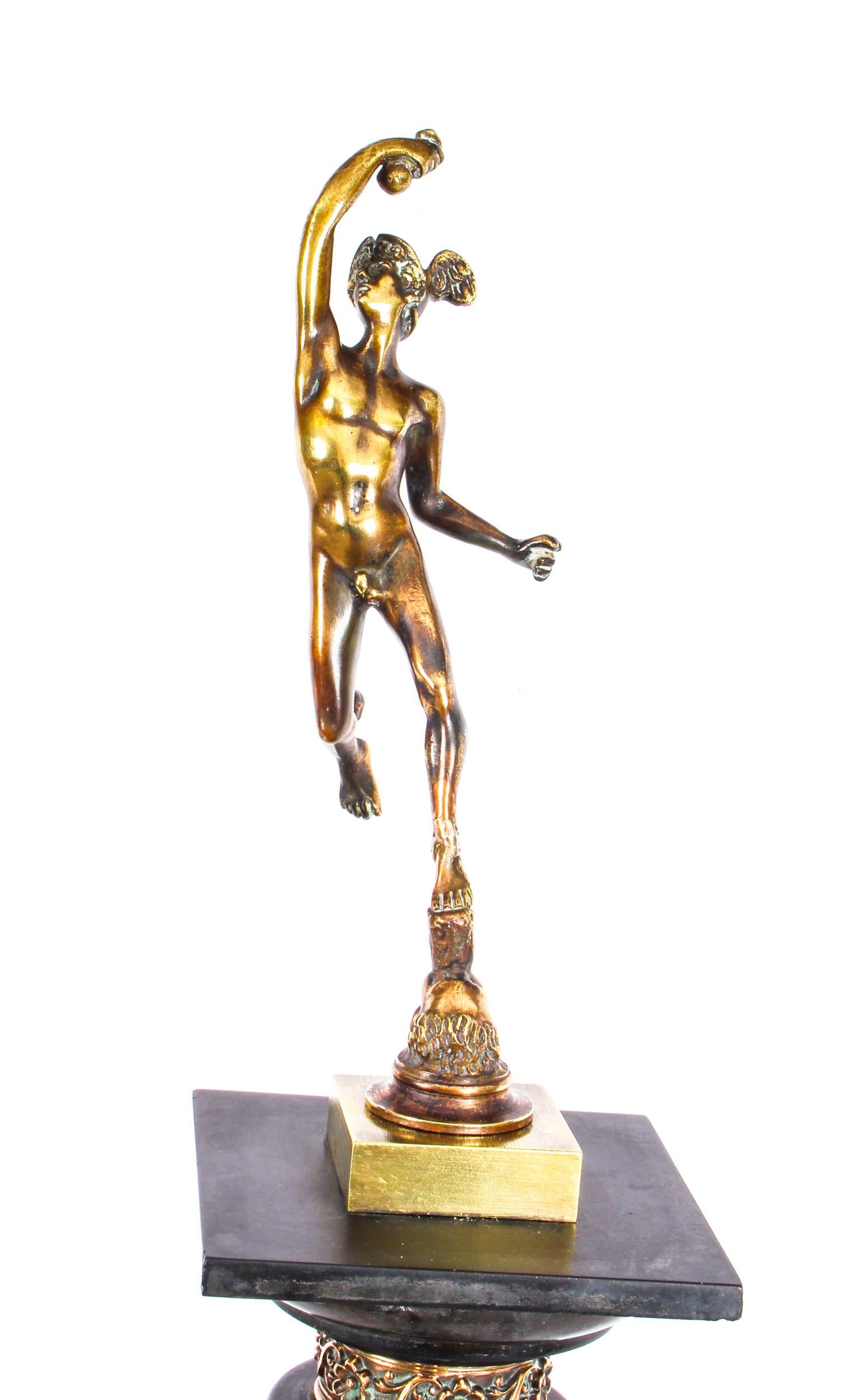 This is a magnificent antique Grand Tour bronze and Belge Noir black marble library column surmounted by a sculpture of Mercury, also known as Hermes, circa 1870 in date. 

This luxurious Belgium black marble library Corinthian column stands on a