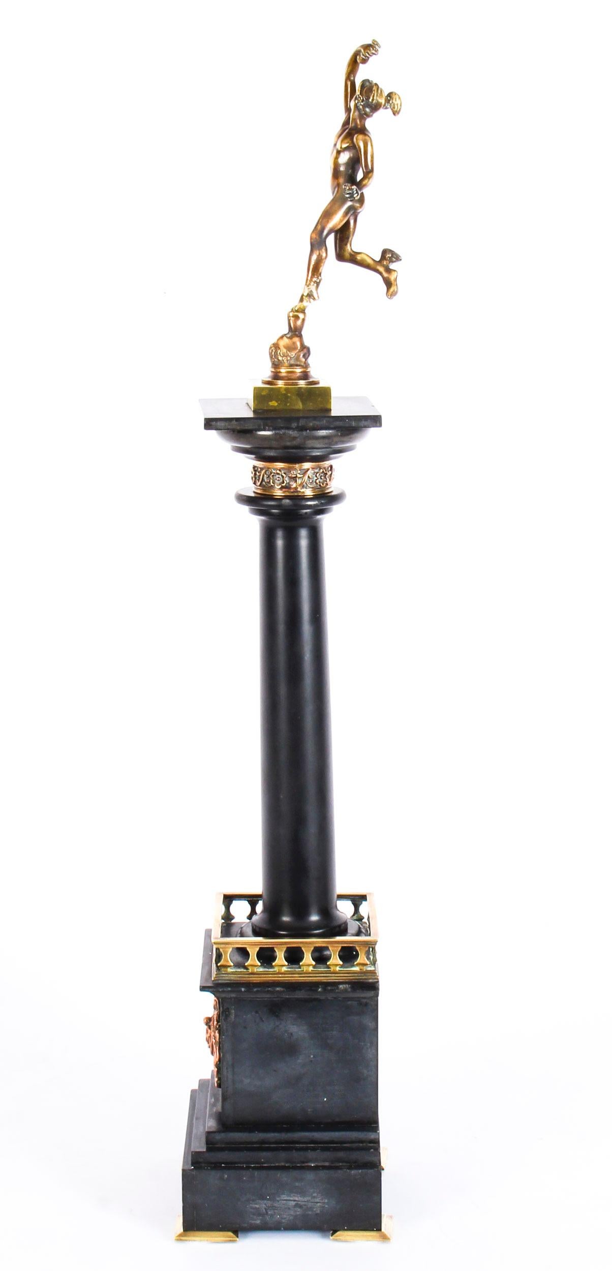 19th Century Grand Tour Bronze & Noir Belge Library Column Mercury Hermes 5