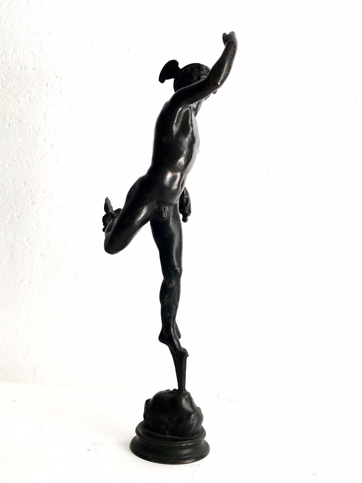 This bornce represents Mercury or Hermes, depending on the Roman or Greek denomination of the gods.
The original was sculpted by Giambologna in the 16th century, and this copy is one of those made as a souvenir in the time of the Grand Tour.
It is