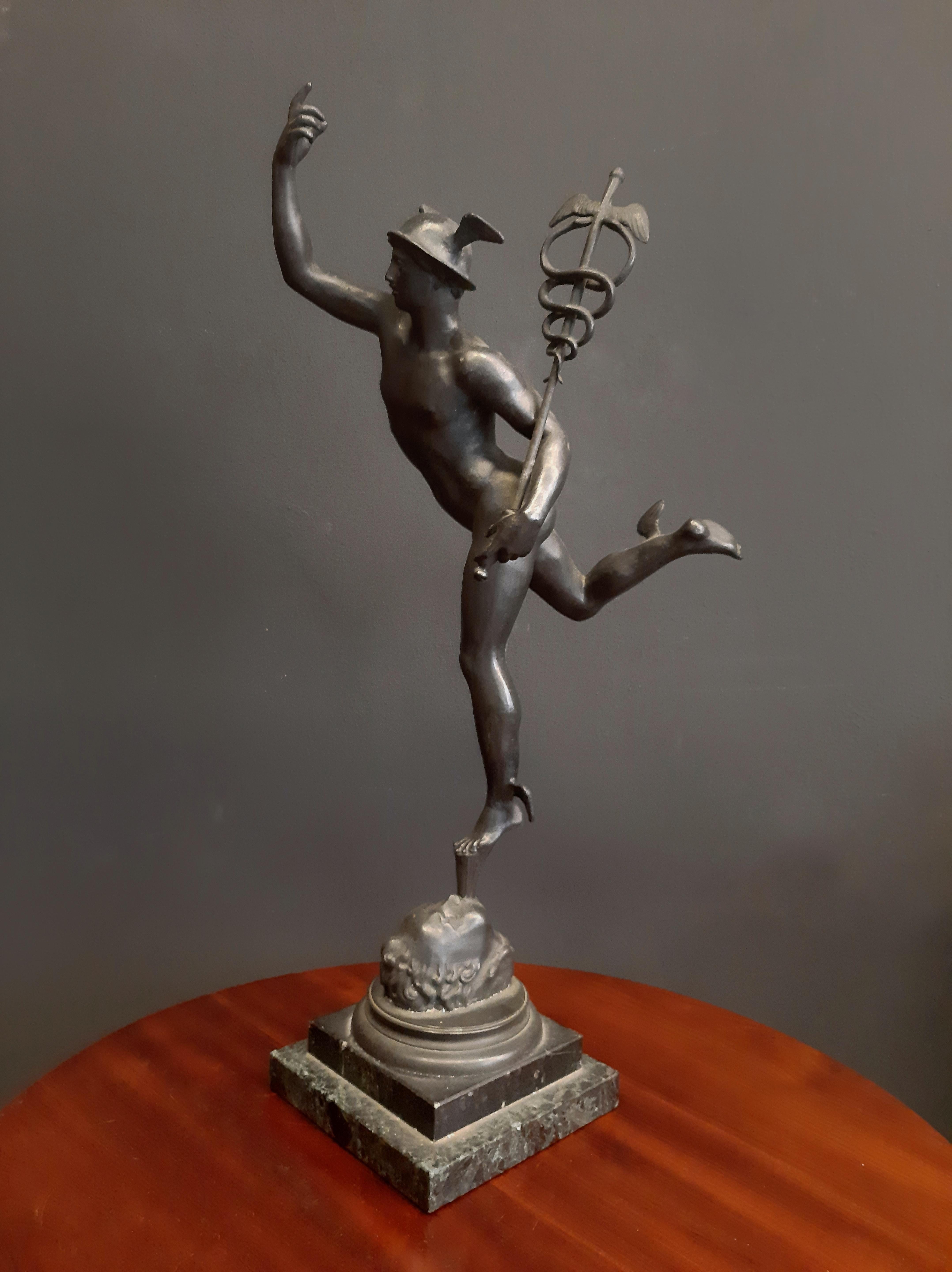 19th Century Grand Tour Bronze Sculpture of Mercurius (Hermes), Marble base In Good Condition For Sale In Dresden, DE