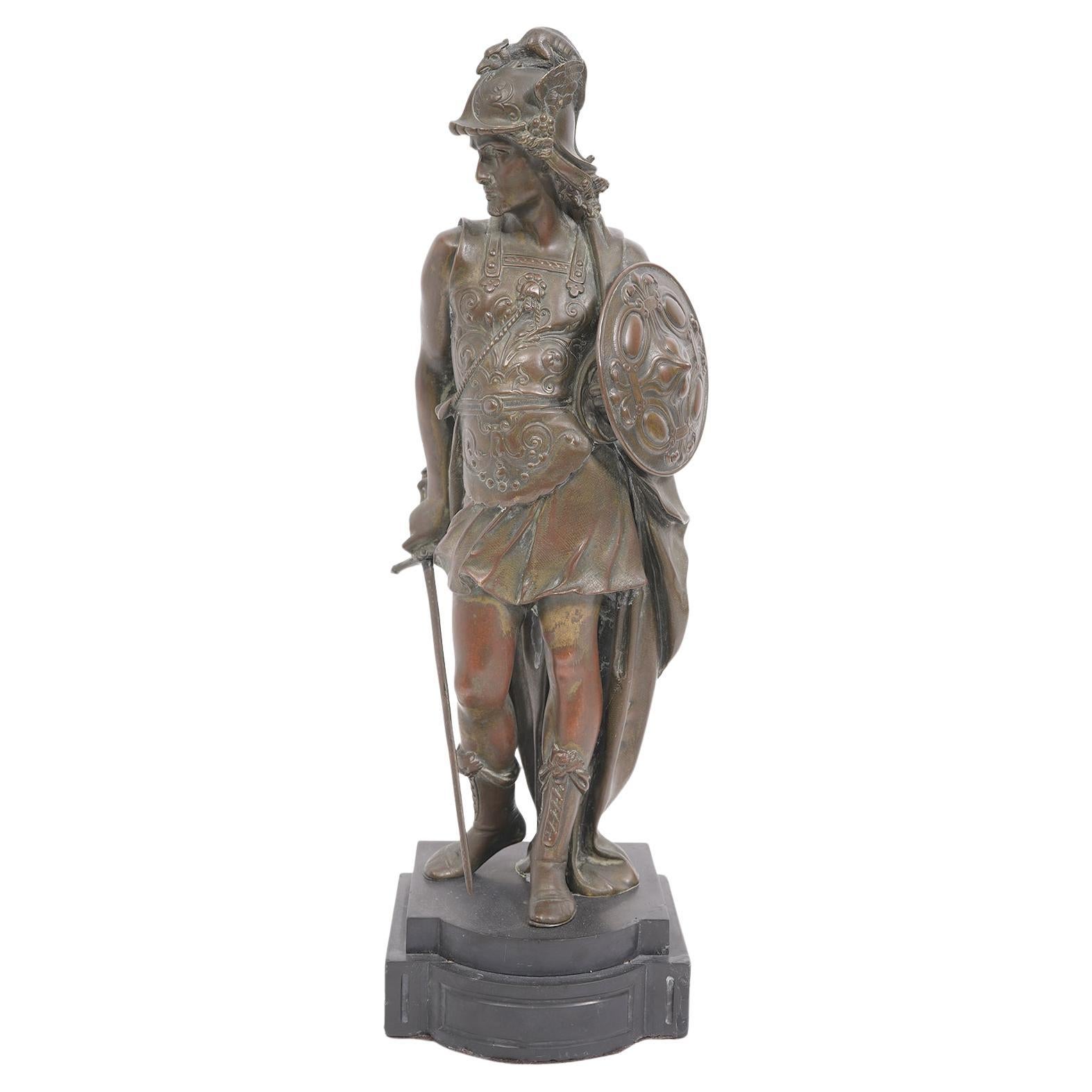 19th Century Grand Tour Bronze Warrior Mounted on Marble Base 16 Inches Tall