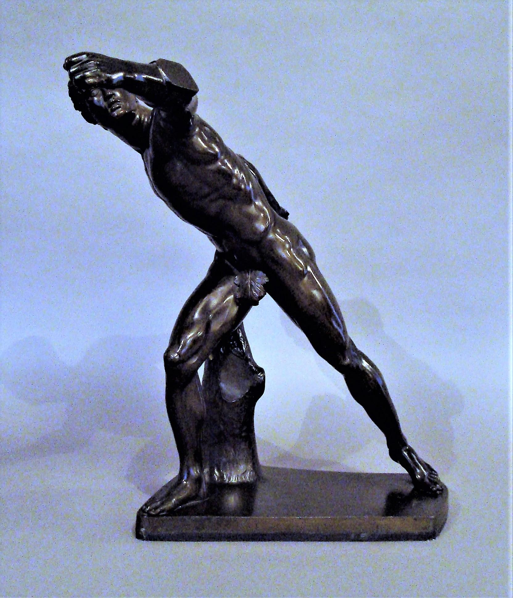 19th century Grand Tour, classical bronze sculpture of the Borghese Gladiator. Standing on a bronze shaped plinth. The good patination emphasising his well sculpted muscles; and fine quality chase work to his face and hair. Accompanied with a