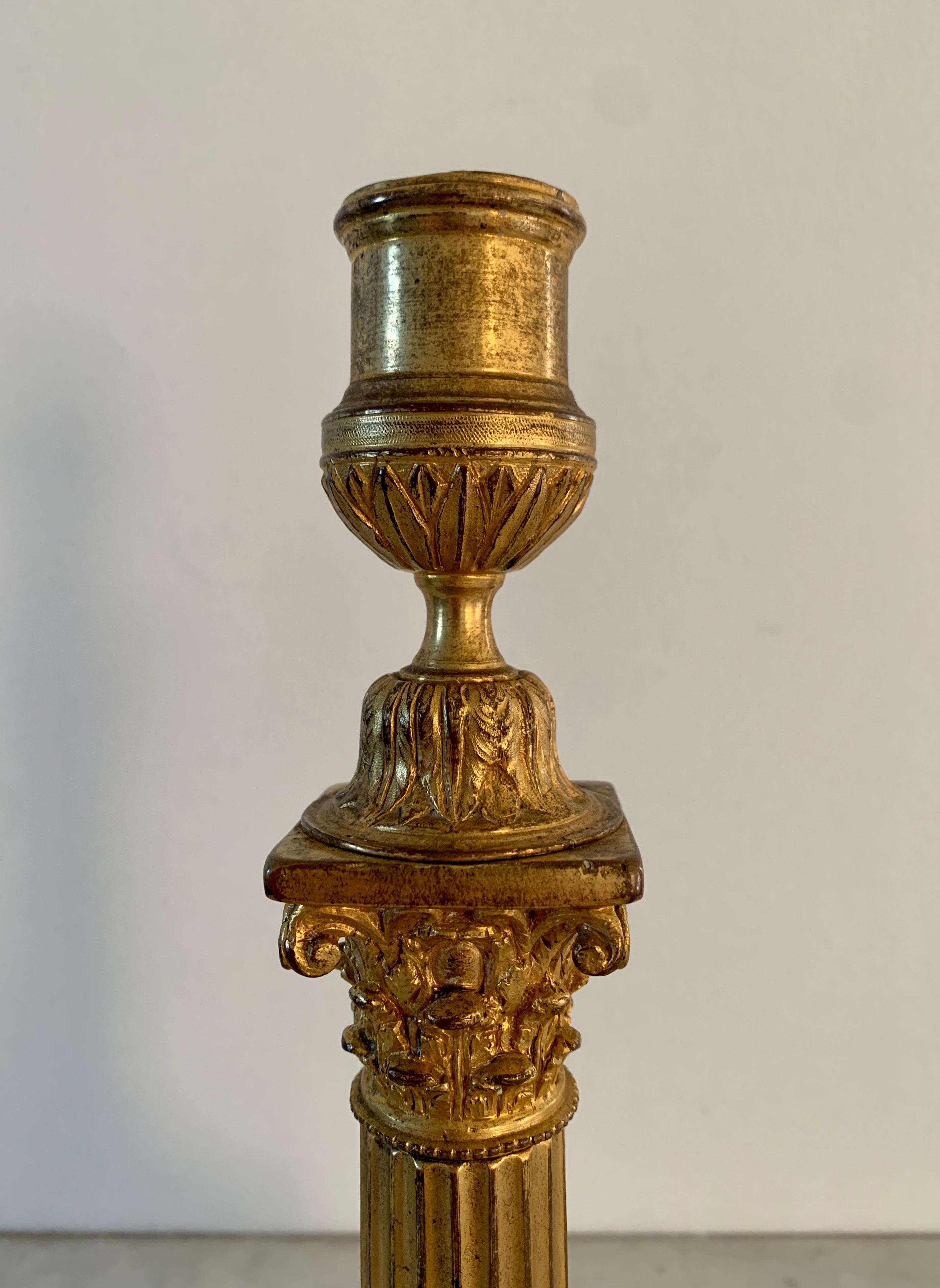19th Century Grand Tour Italian Corinthian Column Bronze Candle Holders, Pair In Good Condition For Sale In Elkhart, IN