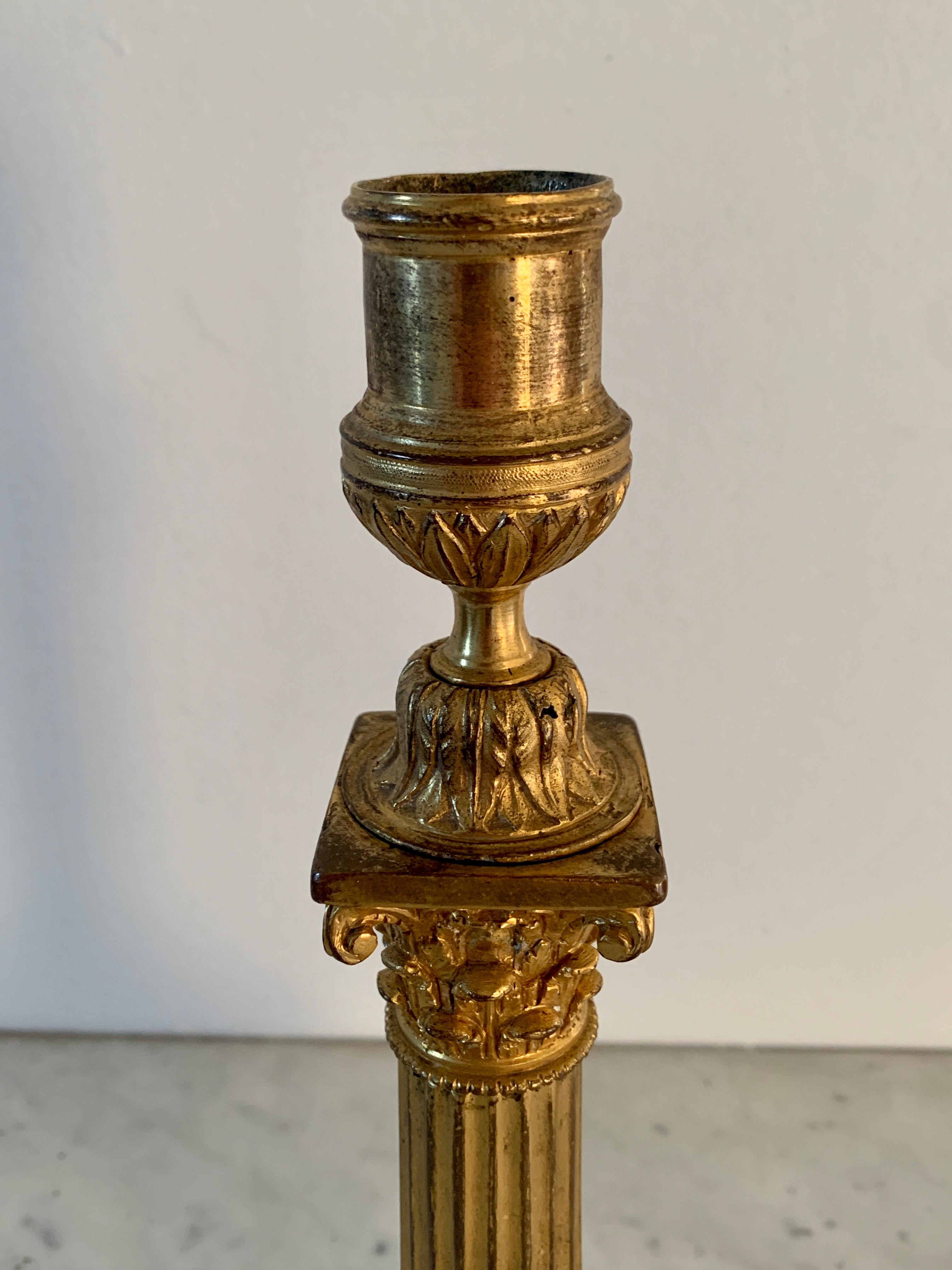 19th Century Grand Tour Italian Corinthian Column Bronze Candle Holders, Pair For Sale 3