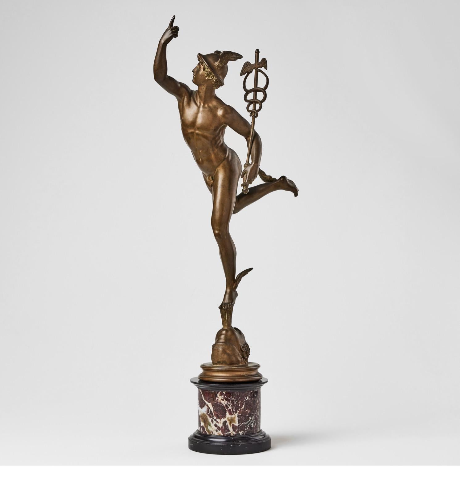 A very fine 19th century signed Grand Tour bronze sculpture of Mercury, also called Mercurius, by the Benedetto Boschetti workshops. On a red and black marble base. The model of Mercury is after the celebrated sculptor Giambologna (1529-1608), also