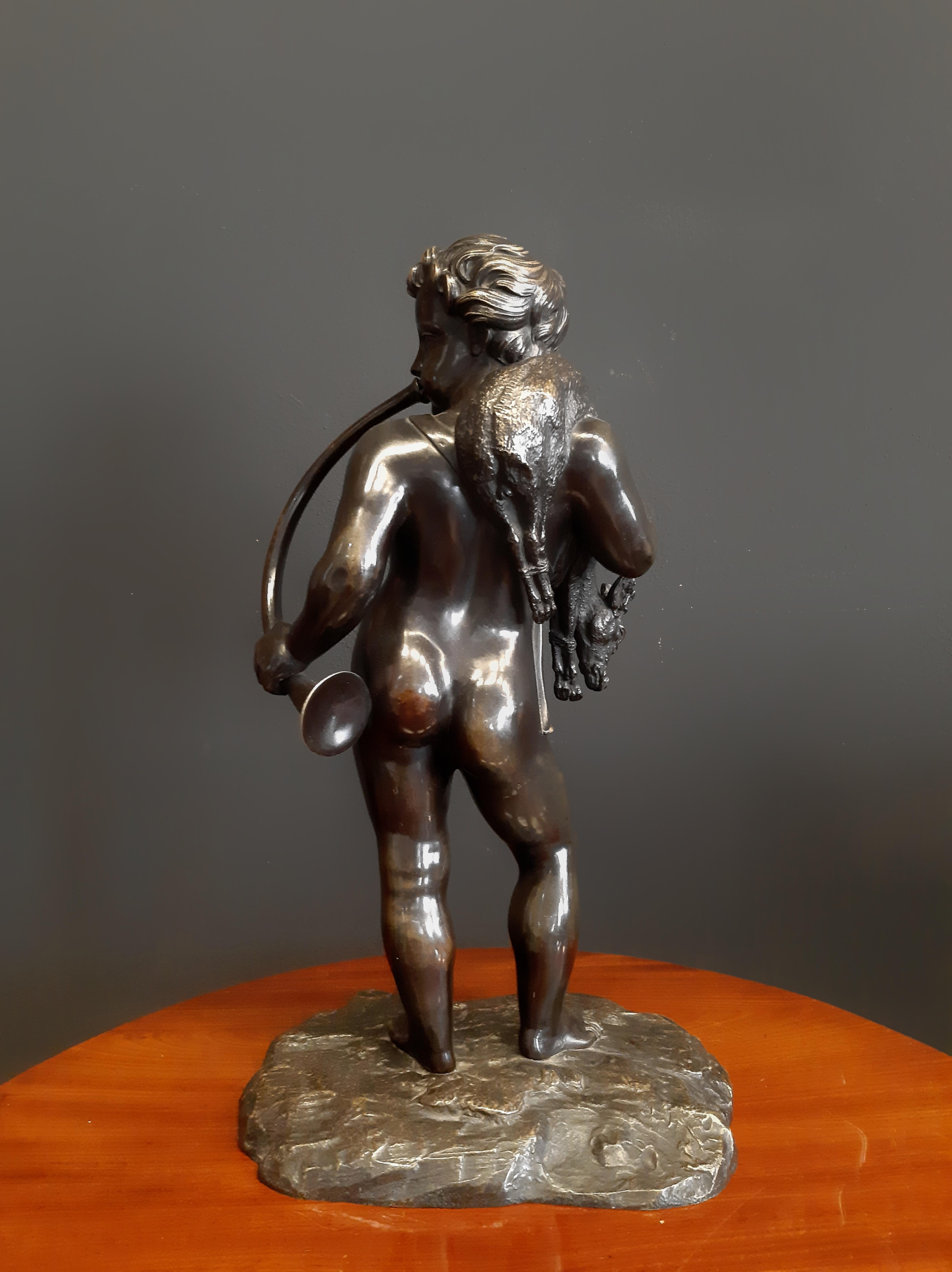 Bronze 19th Century Grand Tour Sculpture of a Putto with Horn and Deer For Sale