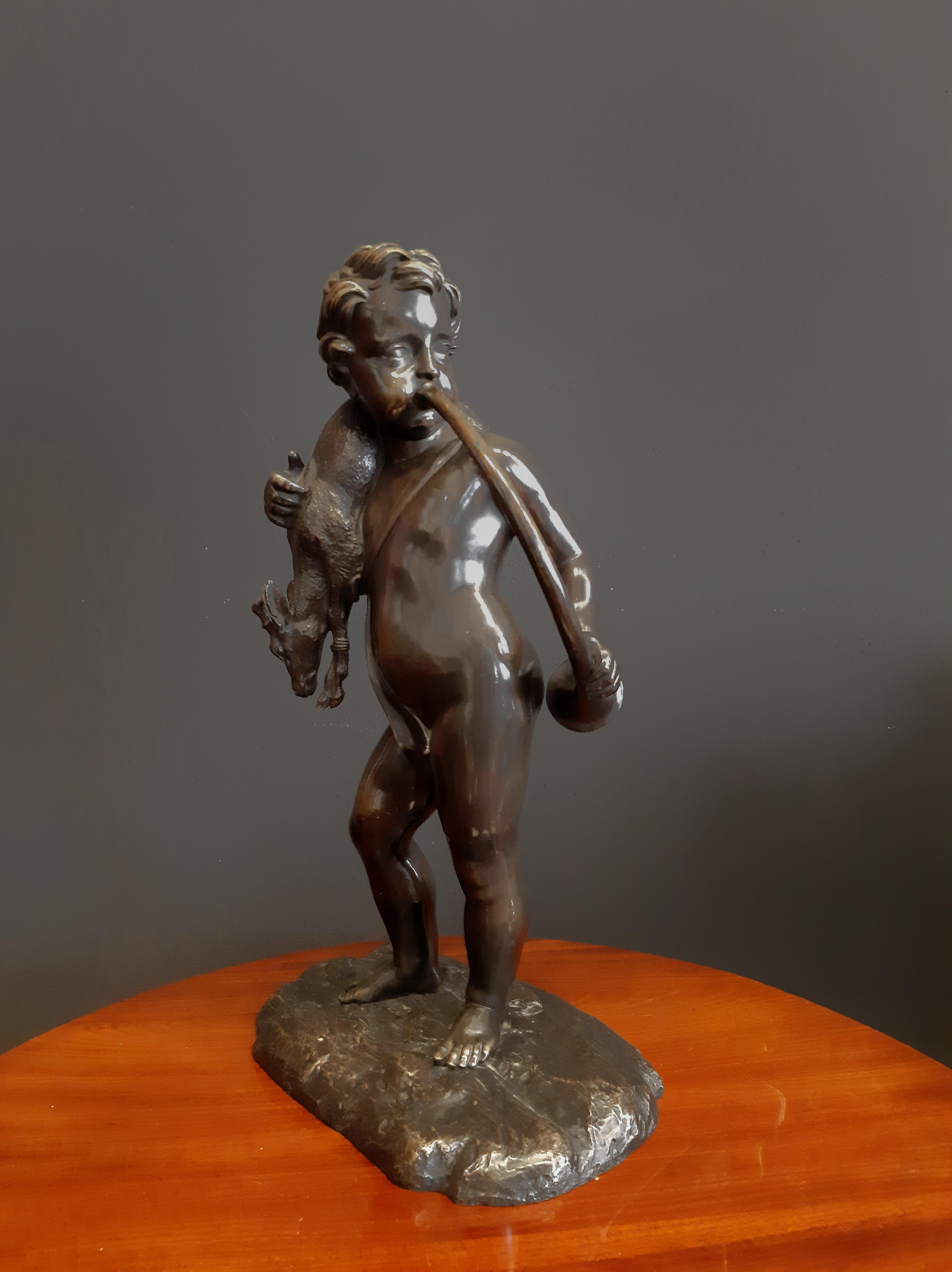 19th Century Grand Tour Sculpture of a Putto with Horn and Deer For Sale 1