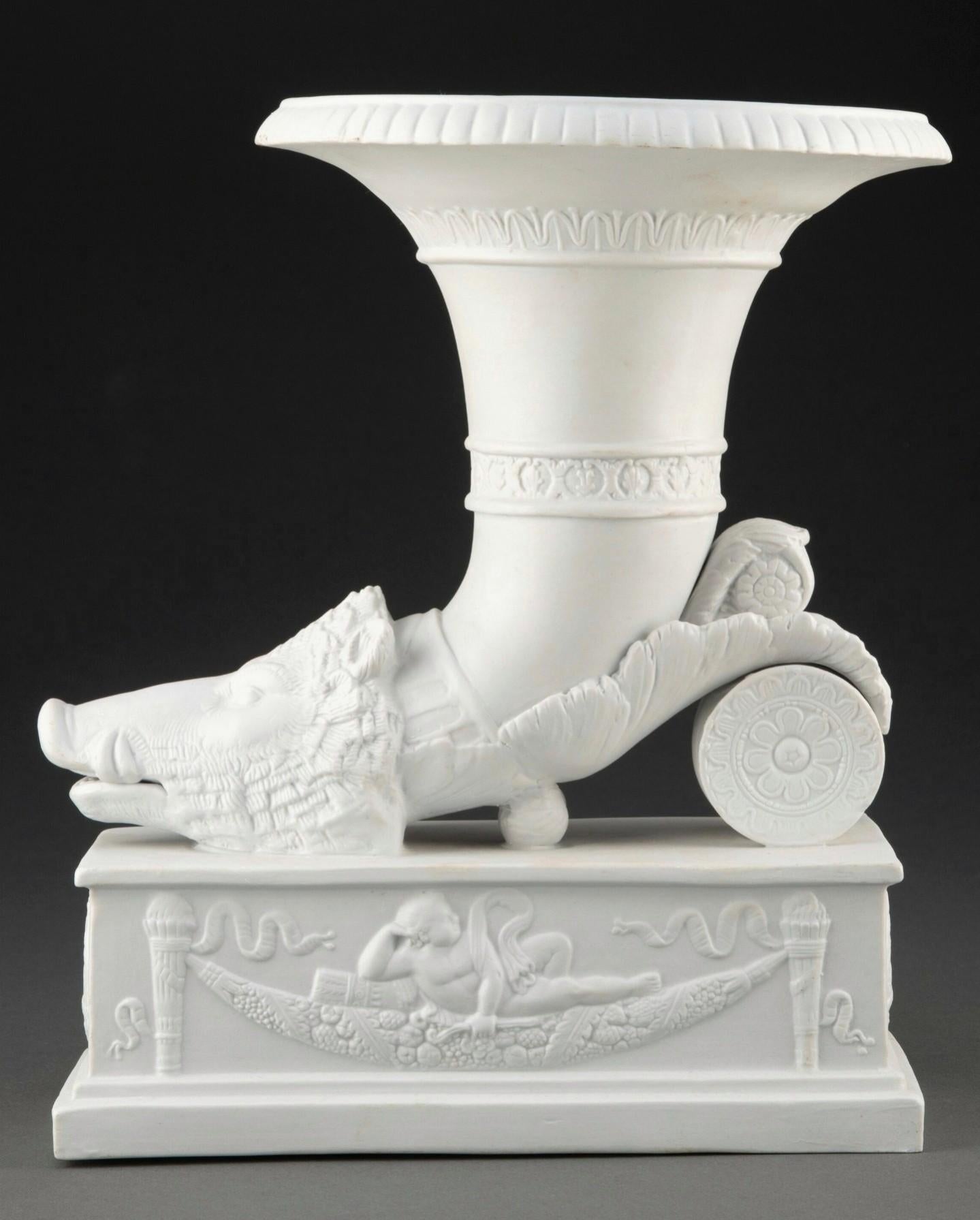 European 19th Century Grand Tour Style Bisque Porcelain Rhyton Form Vase For Sale
