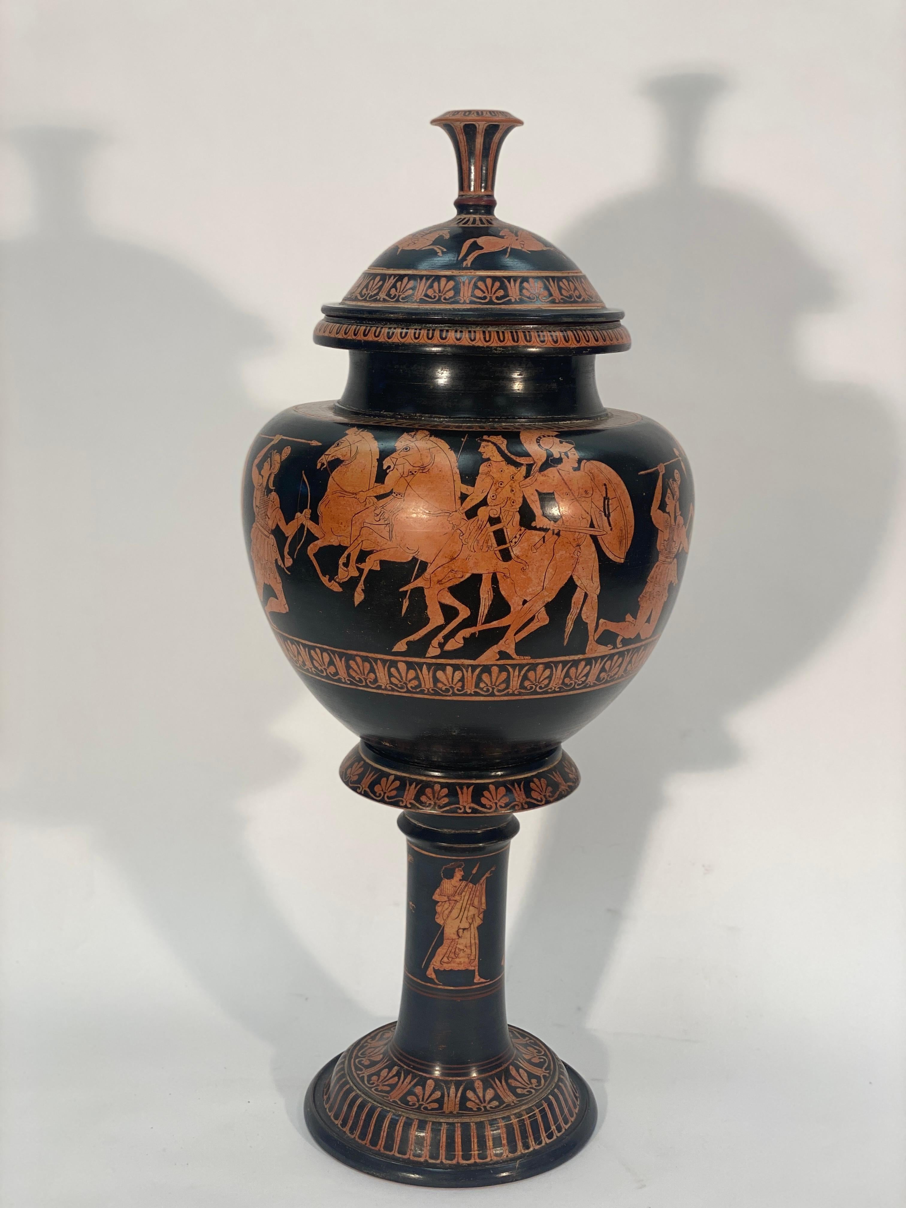 Wonderful large 19th century Grand Tour lidded Dinos on stand. 
Red Figure clay pottery.

 