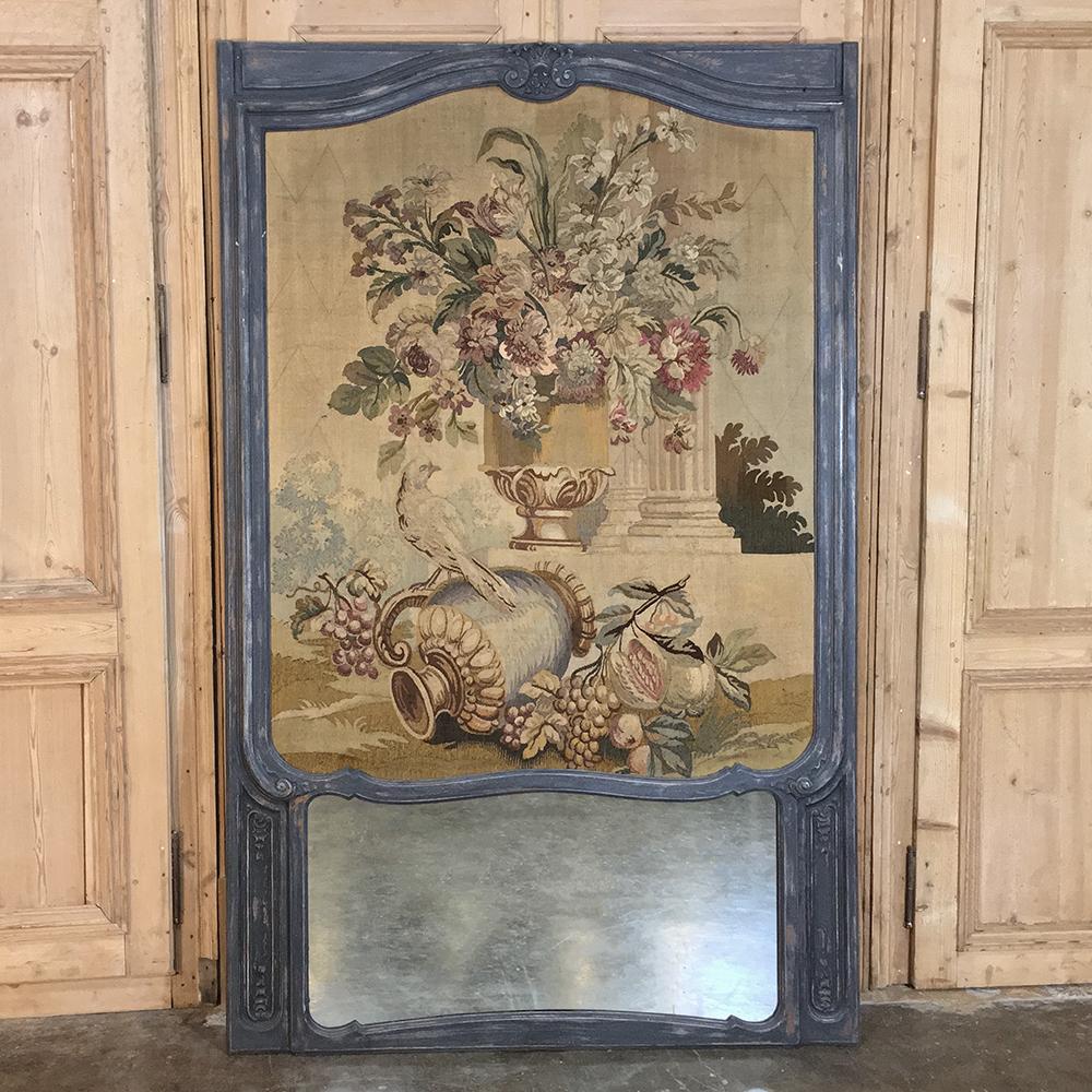 19th Century Grand Trumeau with French Aubusson Tapestry is a splendid way to add timeless elegance to your room, while adding a dash of color, texture, and even the reflective effects of a mirror, all in one! This example showcases an exquisite