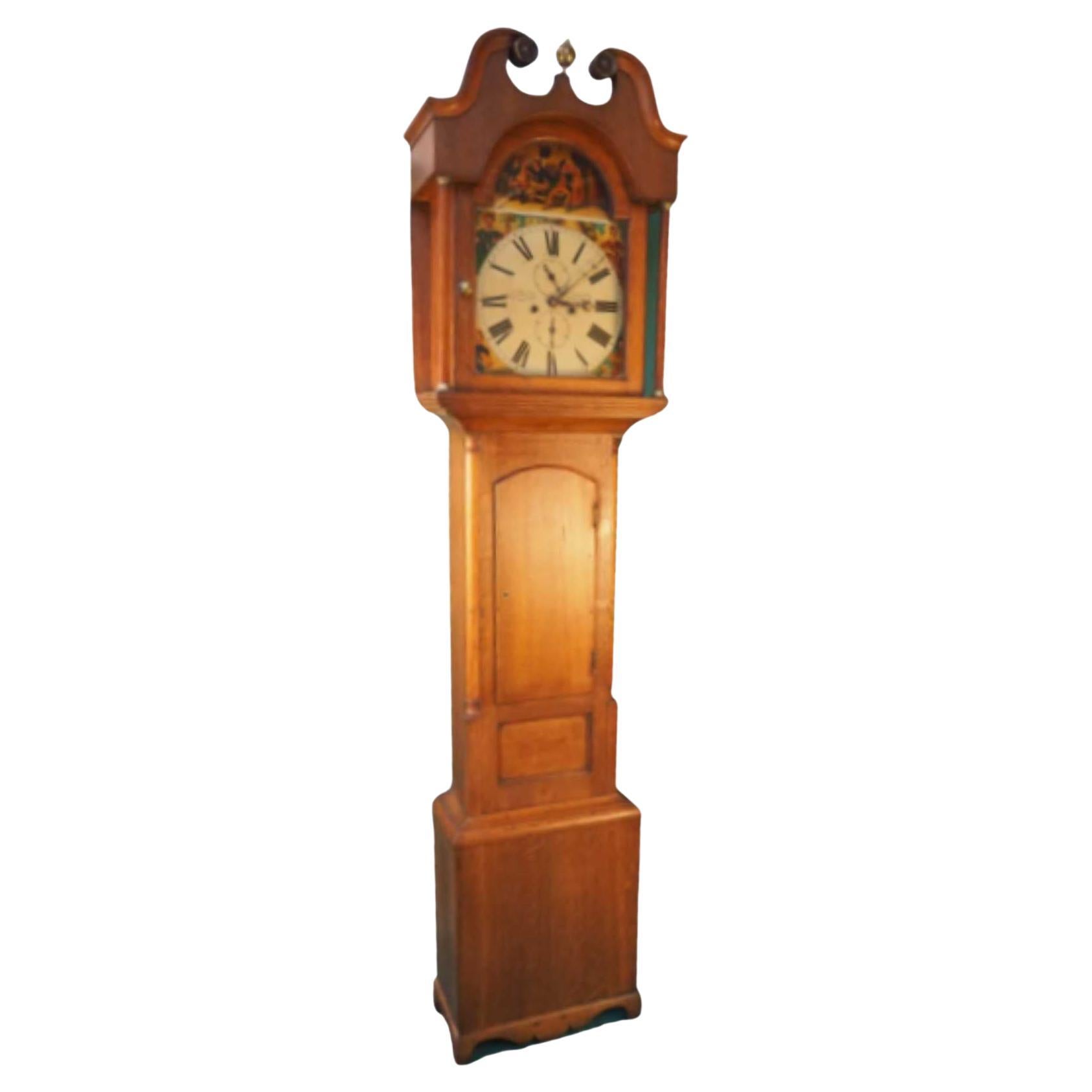 19th Century Grandfather Clock in Oak with Painting Scene from Tam O' Shanter For Sale