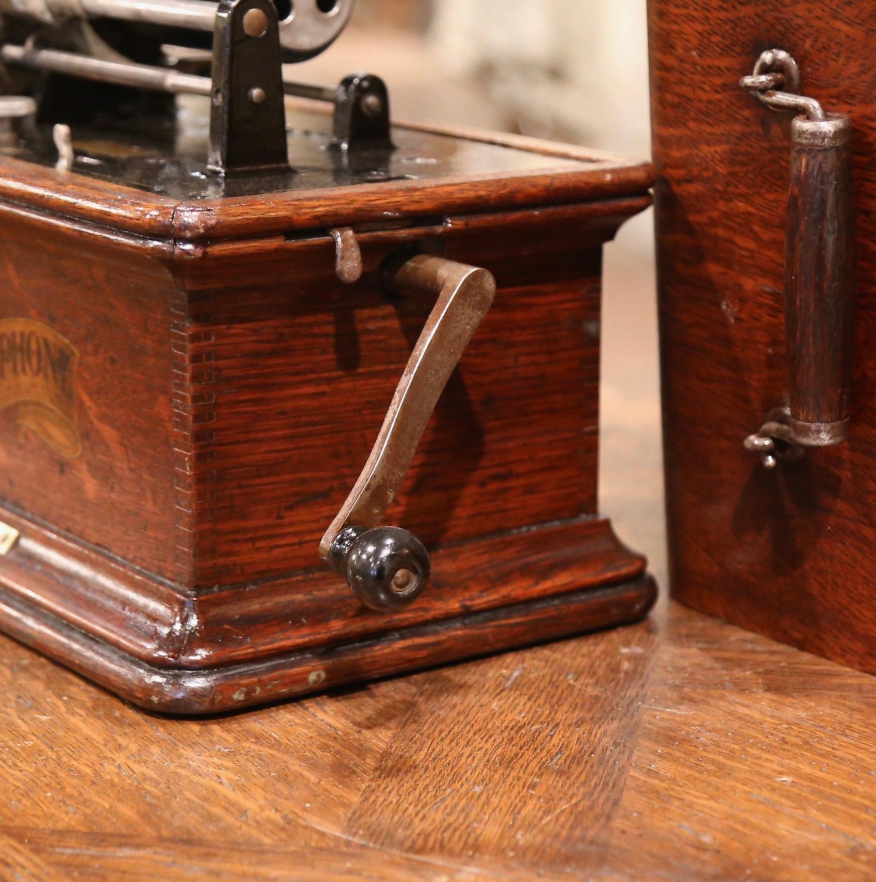 Oak 19th Century Graphophone by the Columbia Phonograph Co. with Casing and Rolls