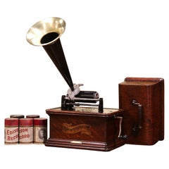 Graphophone du XIXe siècle de la Columbia Phonograph Co. avec boîte de rangement et cylindres