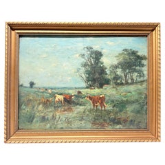 19th Century, Grazing Cattle American School Oil on Canvas Landscape - Signed