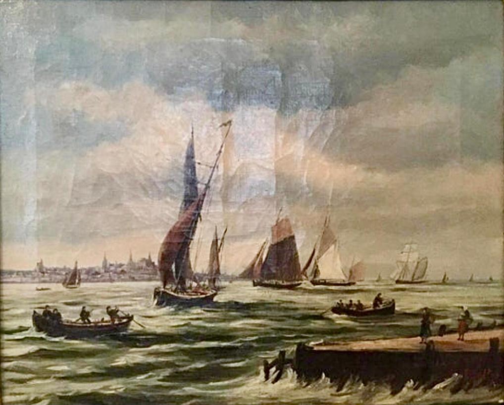 Canvas 19th Century Great English Marine Sailboat Oil Painting