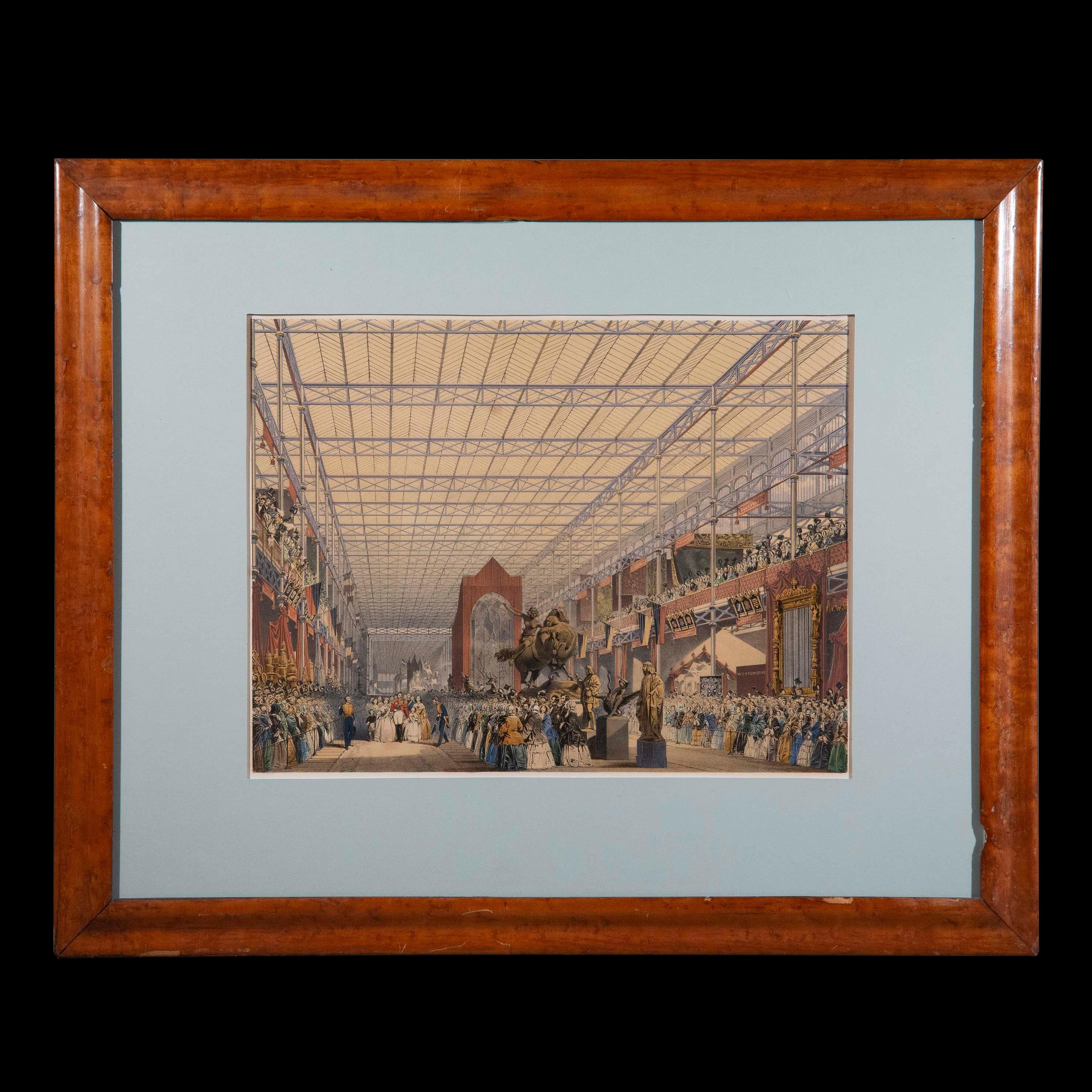 Victorien Gravure de la Grande Exposition de 1851 du XIXe siècle dans un cadre d'origine en érable en vente
