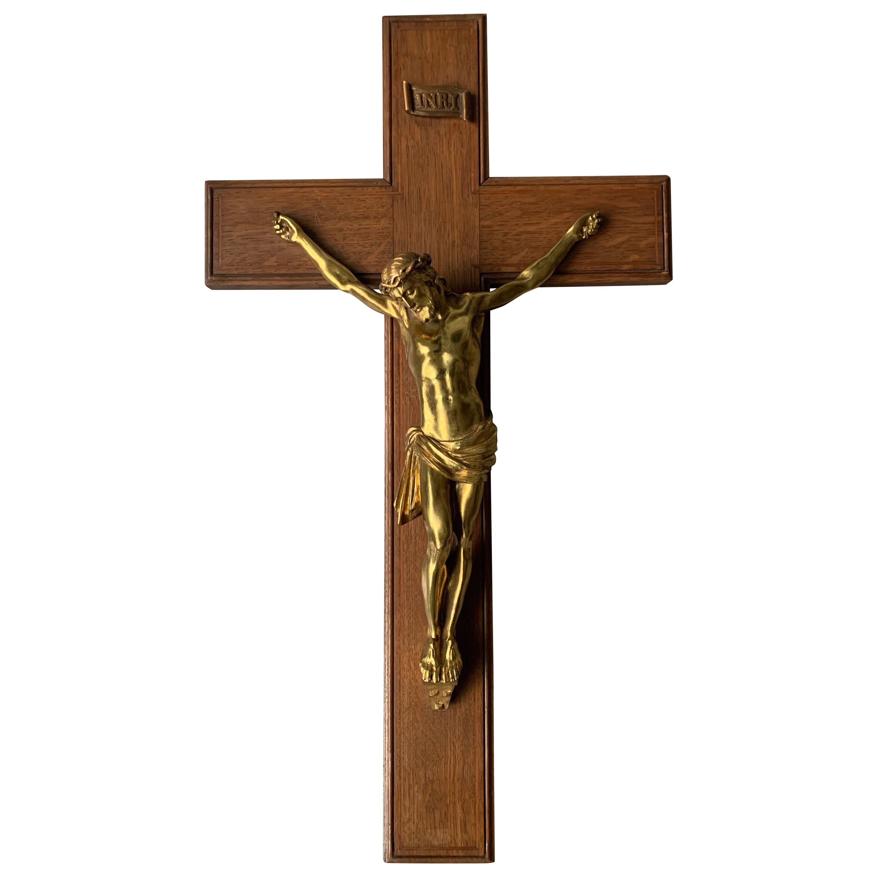 19th Century Great Quality Gilt Bronze Wall Crucifix on a Carved & Inlaid Cross