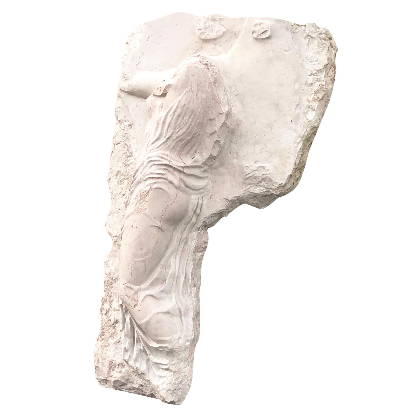 Hand-Carved 19th Century Greek Bas Marble Relief of Nike - Antique Wall Panel, Relief Décor For Sale