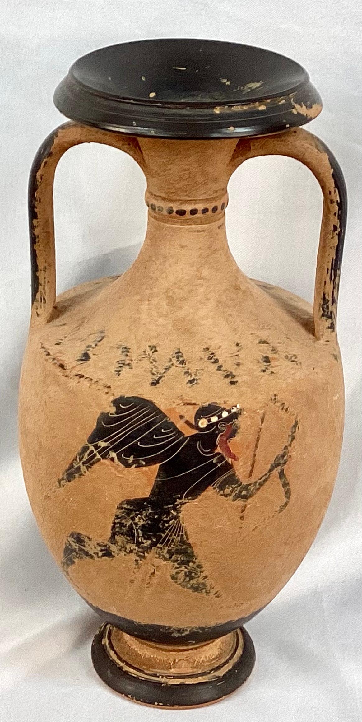 Late 19th Century Grand Tour style terracotta vessel decorated with Grecian figures with Amphora form, two handles on neck. Hand painted. 

Dimensions:

10