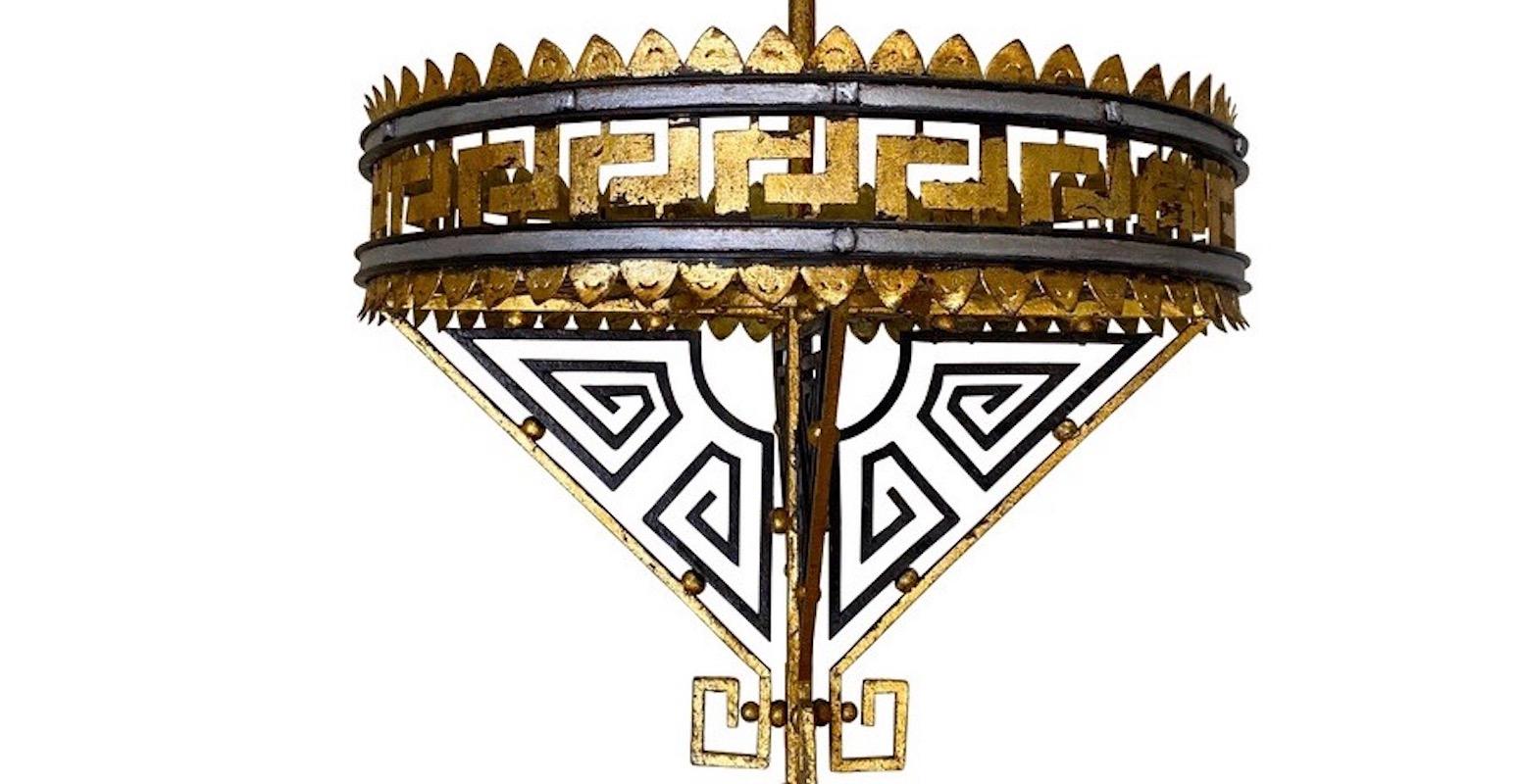 French 19th Century Greek Key Design Two-Tier Gold Gilt Iron Chandelier, France For Sale