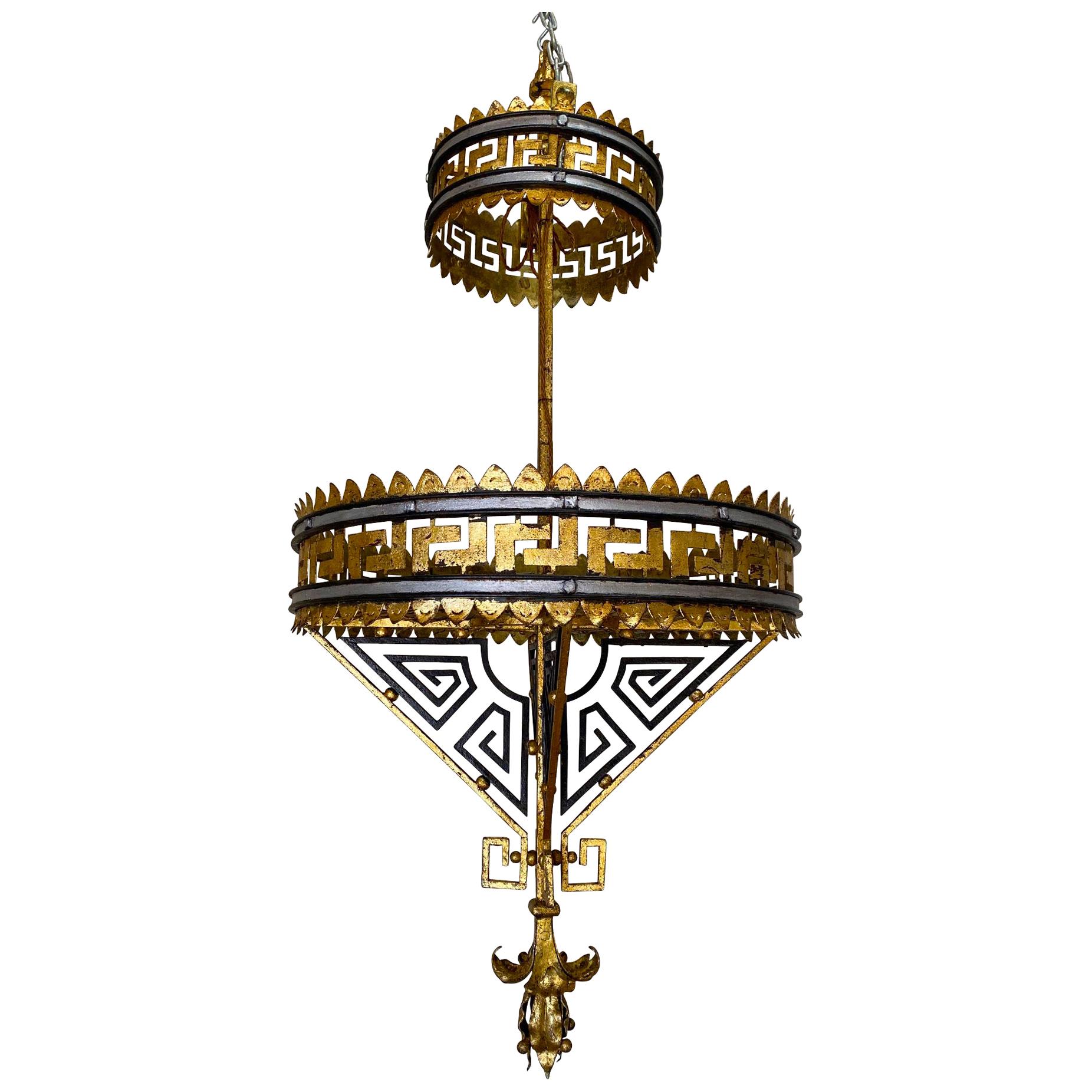 19th Century Greek Key Design Two-Tier Gold Gilt Iron Chandelier, France For Sale