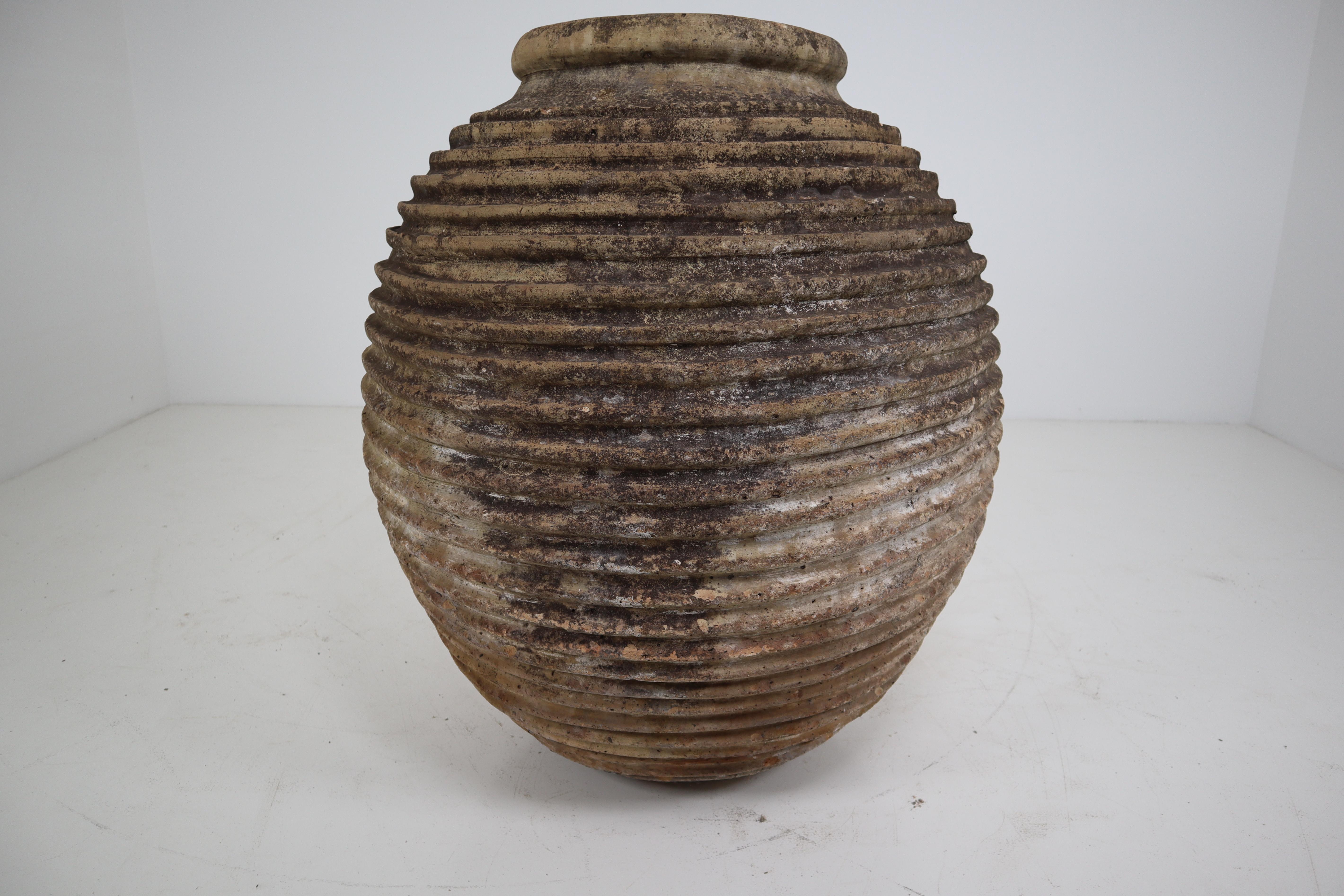 19th Century Greek 'King-Size' Ribbed Olive Jar with Dark Lichen Patination In Good Condition In Almelo, NL