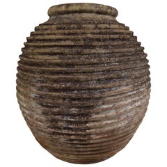 19th Century Greek 'King-Size' Ribbed Olive Jar with Dark Lichen Patination