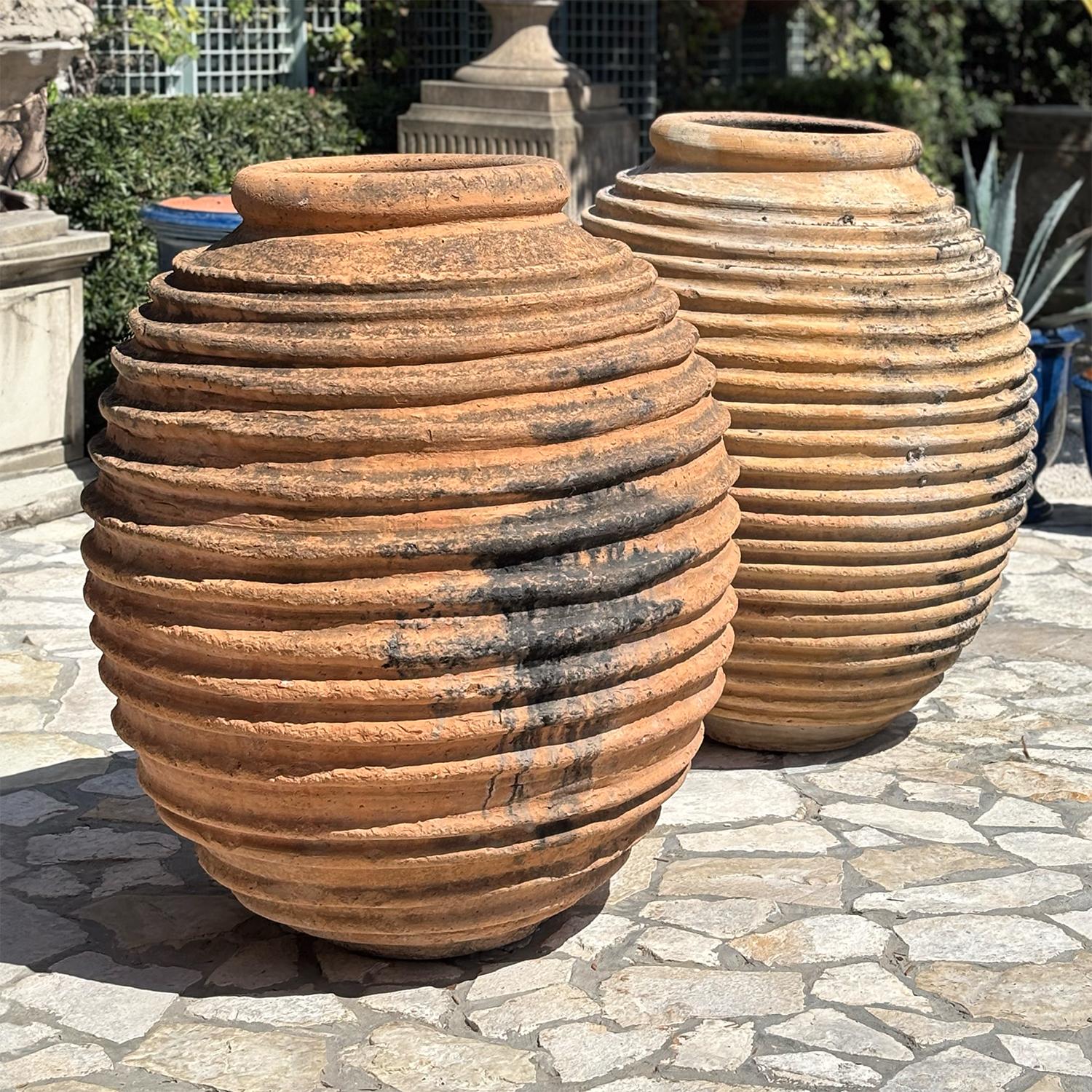 Hand-Crafted 19th Century Greek Pair of Large Antique Peloponnese Terra Cotta Olive Jars For Sale