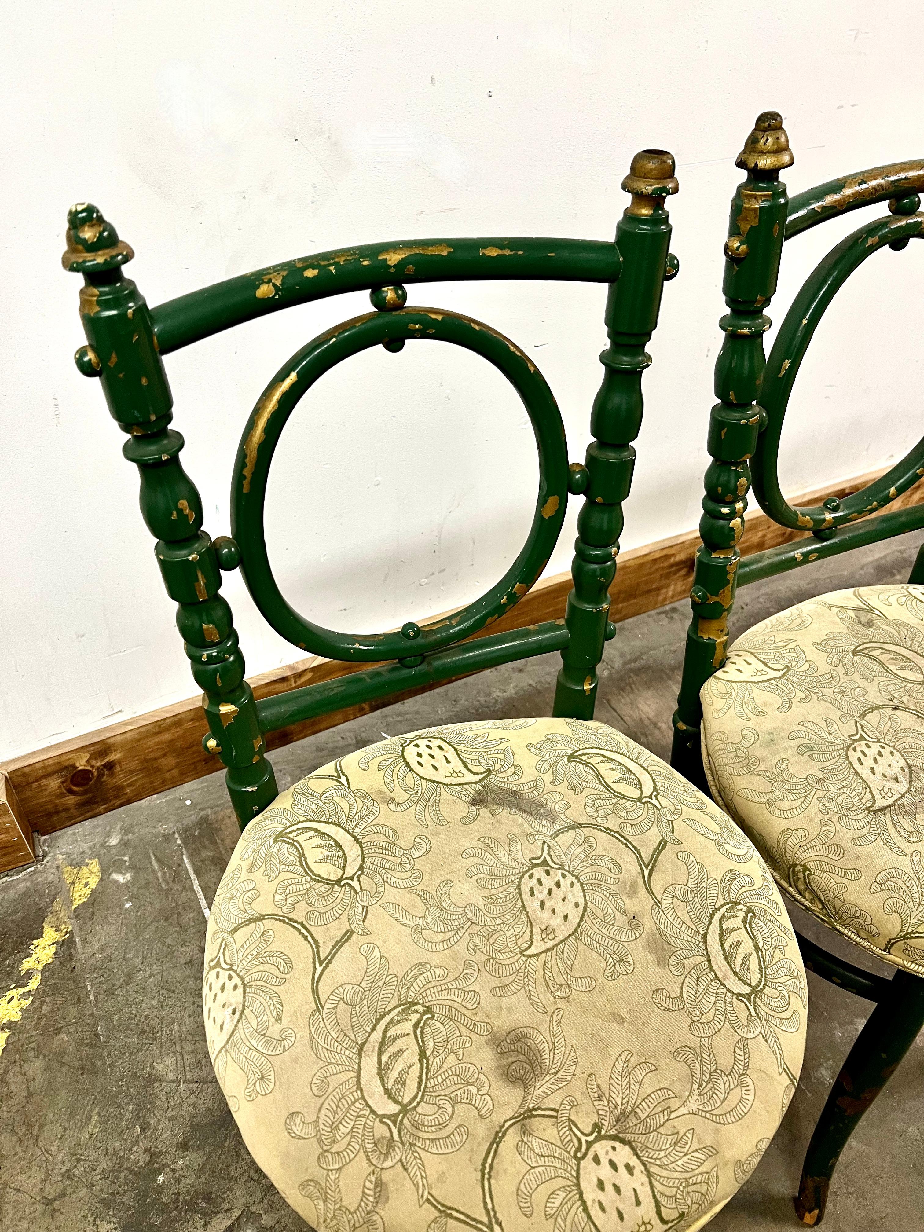 Hand-Crafted 19th Century Green and Gold Bentwood Chairs with Heavy Patination For Sale