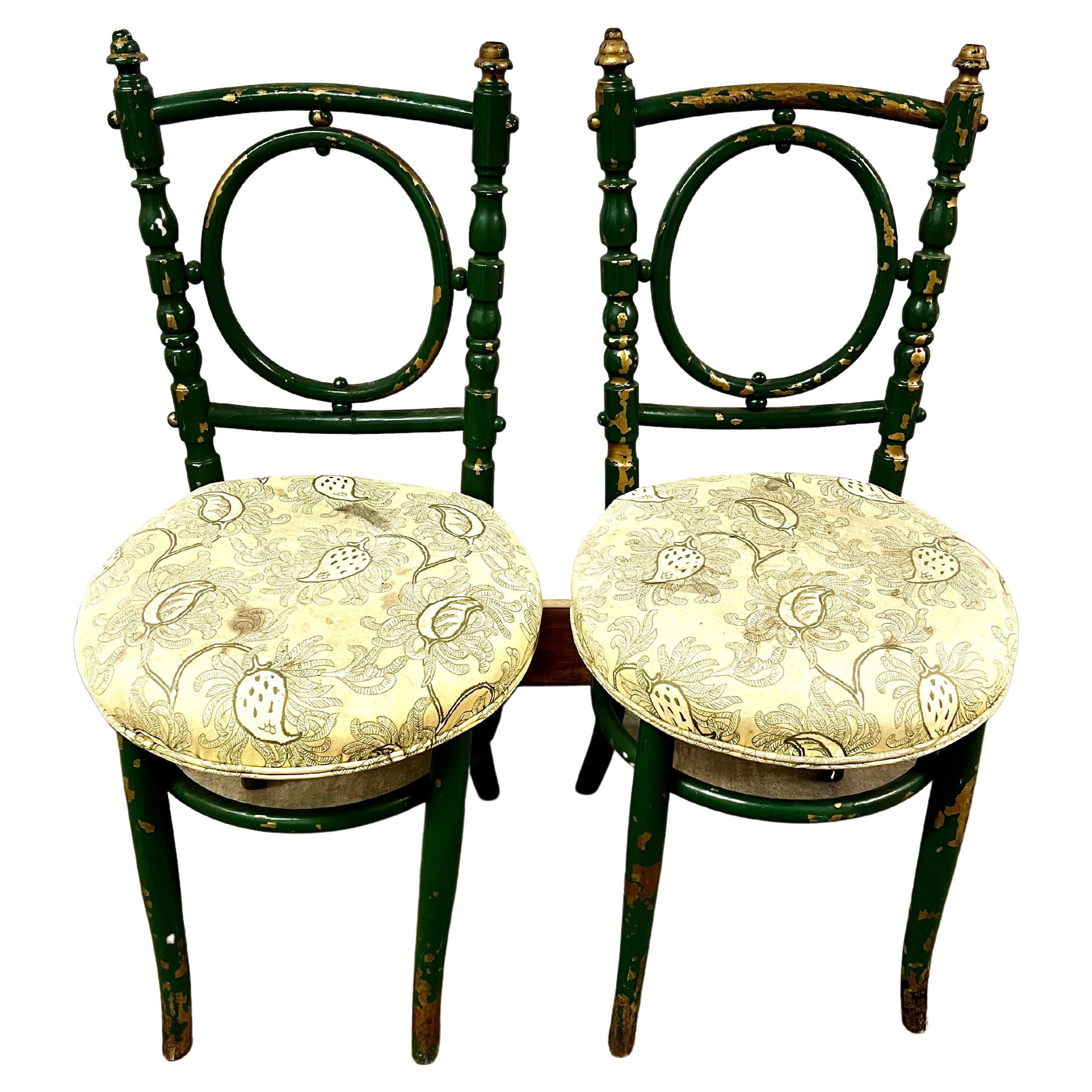 19th Century Green and Gold Bentwood Chairs with Heavy Patination For Sale