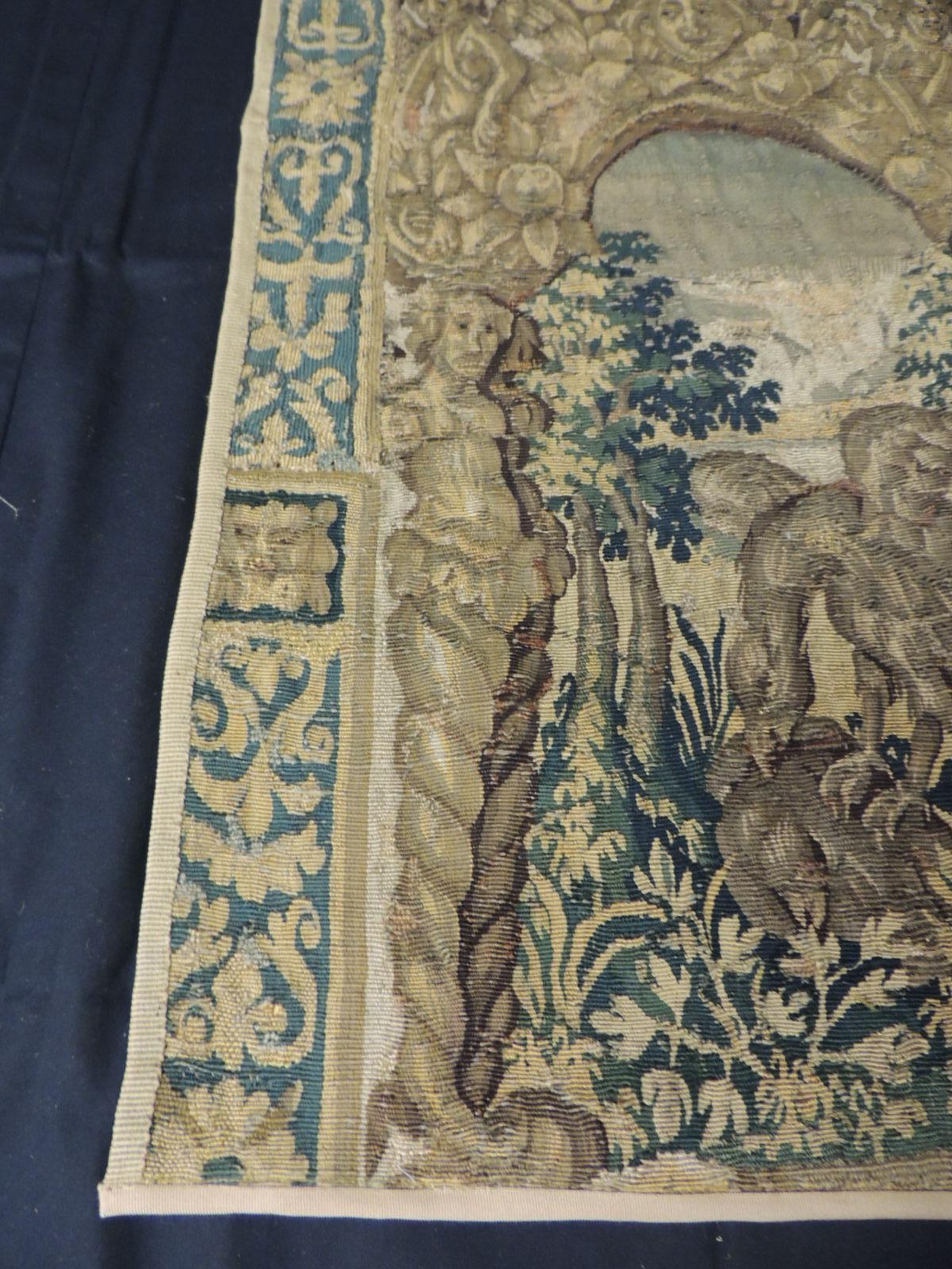 French 19th century green and gold verdure tapestry fragment