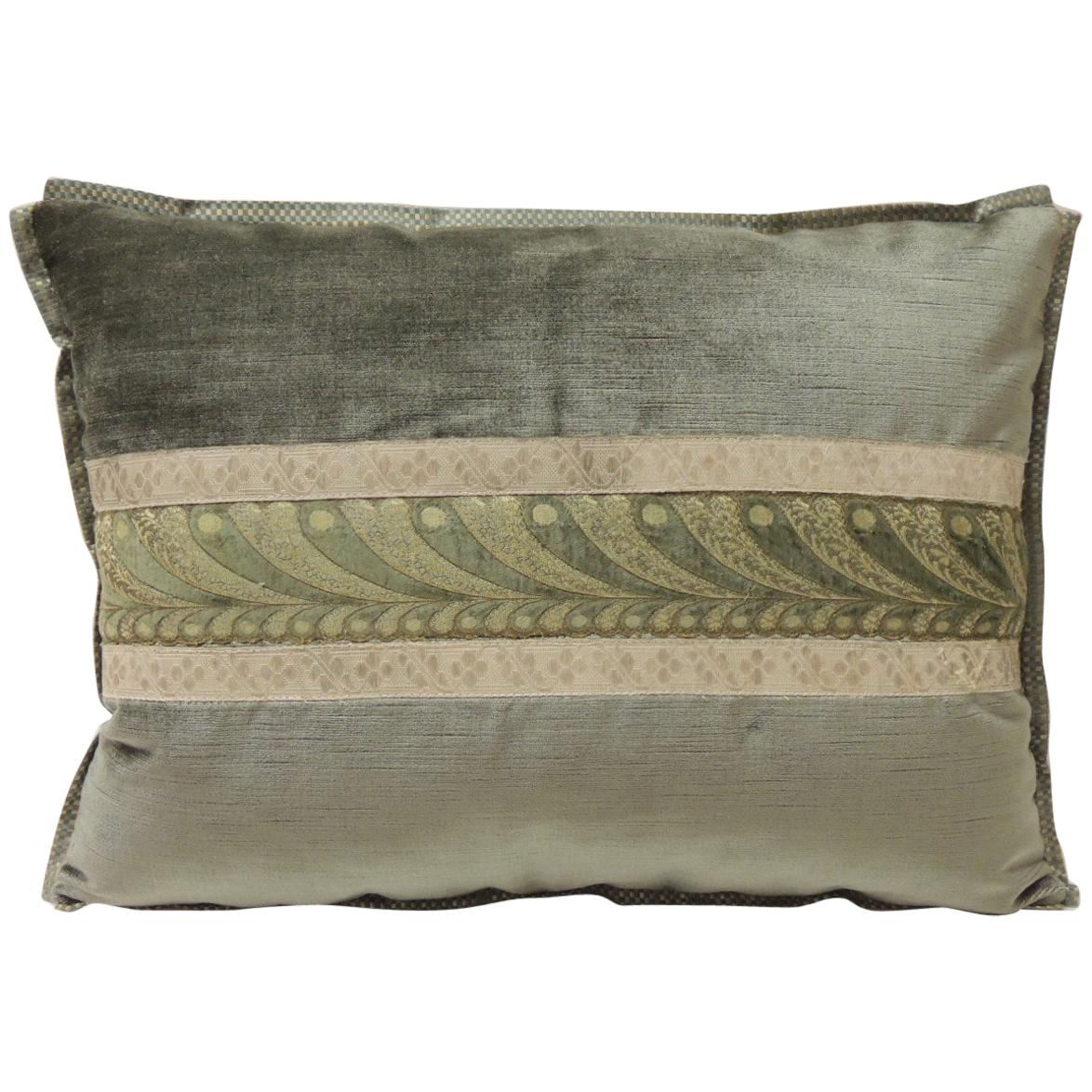 19th Century Green and Silver Antique Velvet Ribbon Decorative Bolster Pillow