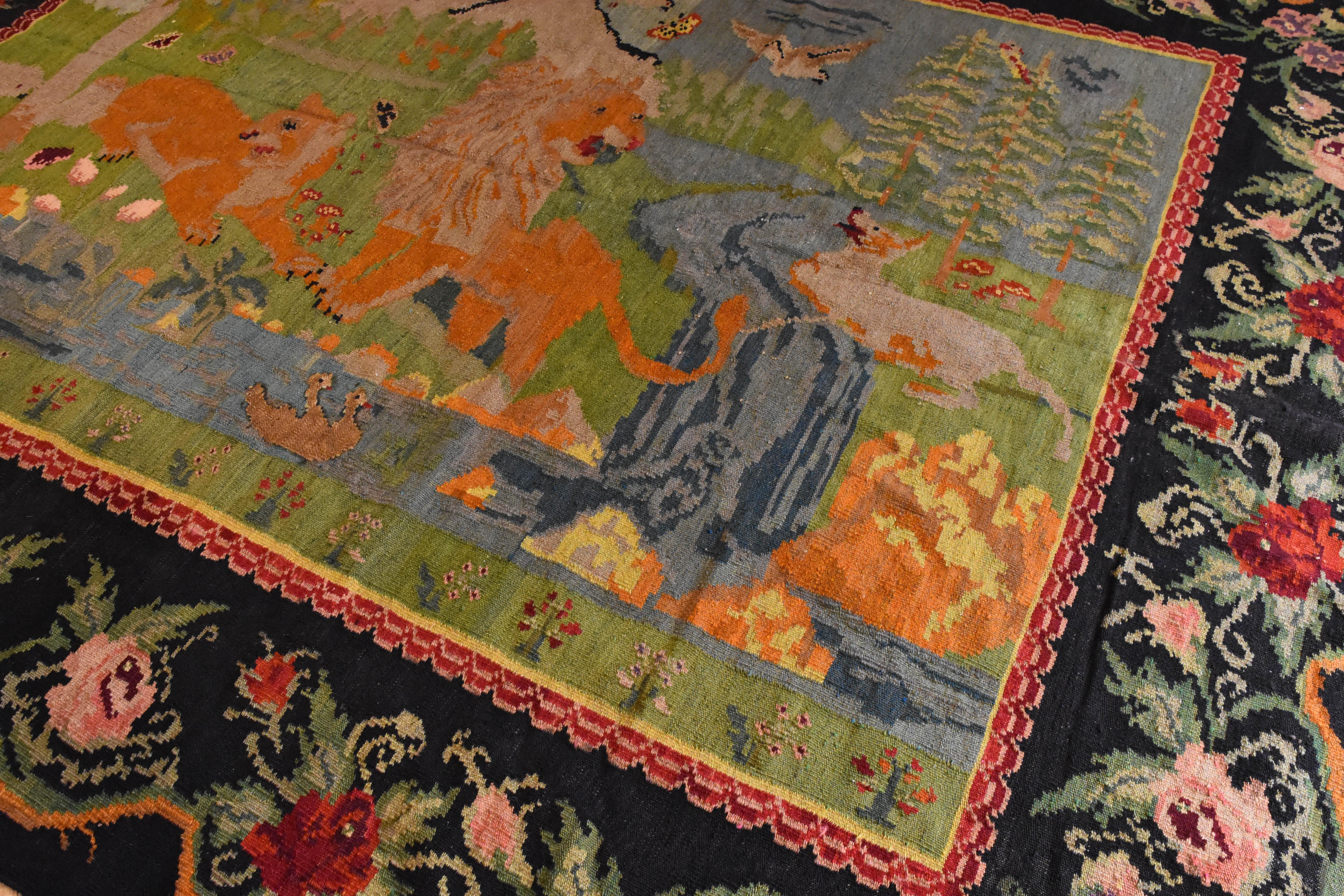 Hand-Knotted 19th Century Green, Black, Animals and Lions Kilim Karabagh Rug, circa 1940s For Sale