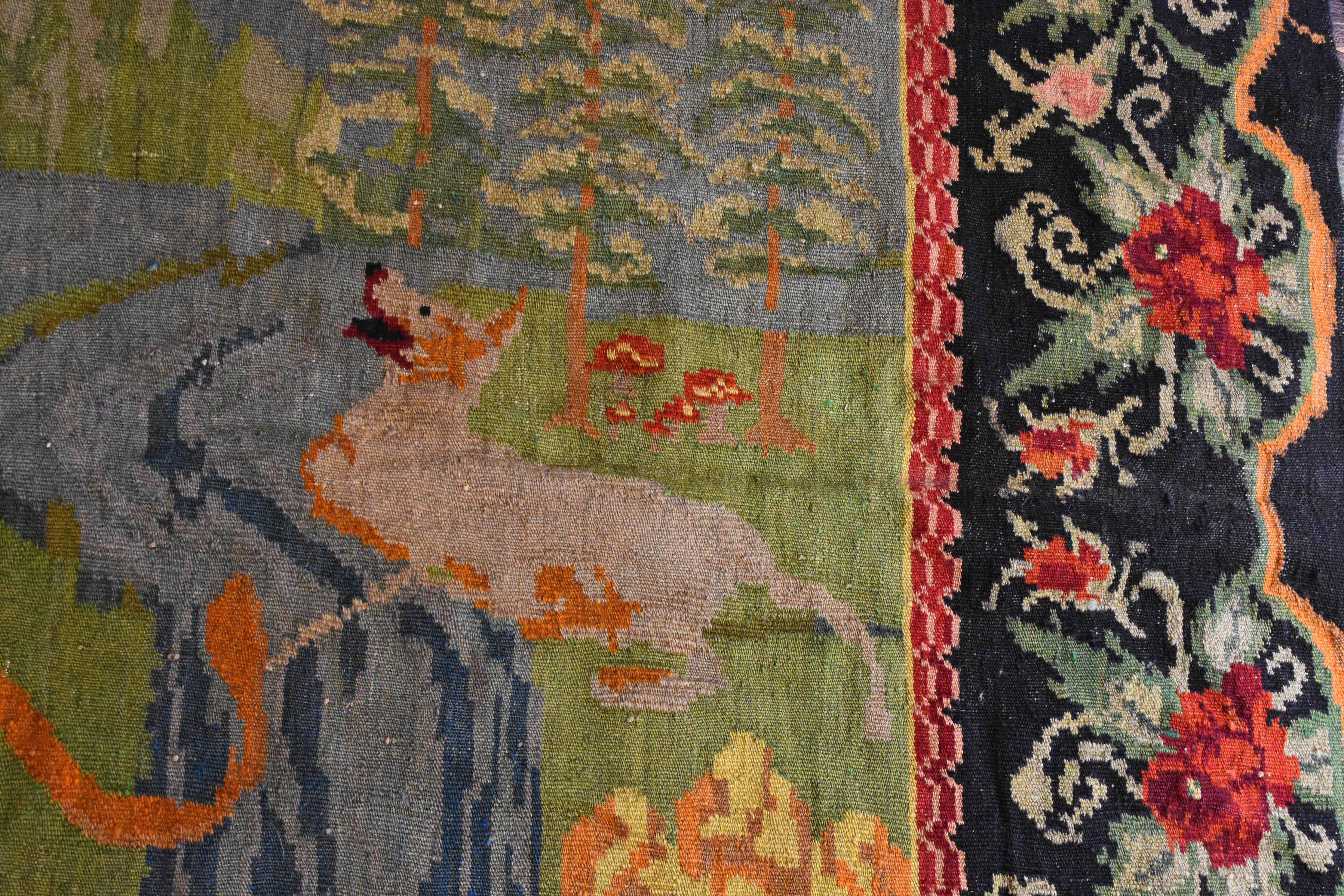 19th Century Green, Black, Animals and Lions Kilim Karabagh Rug, circa 1940s For Sale 1