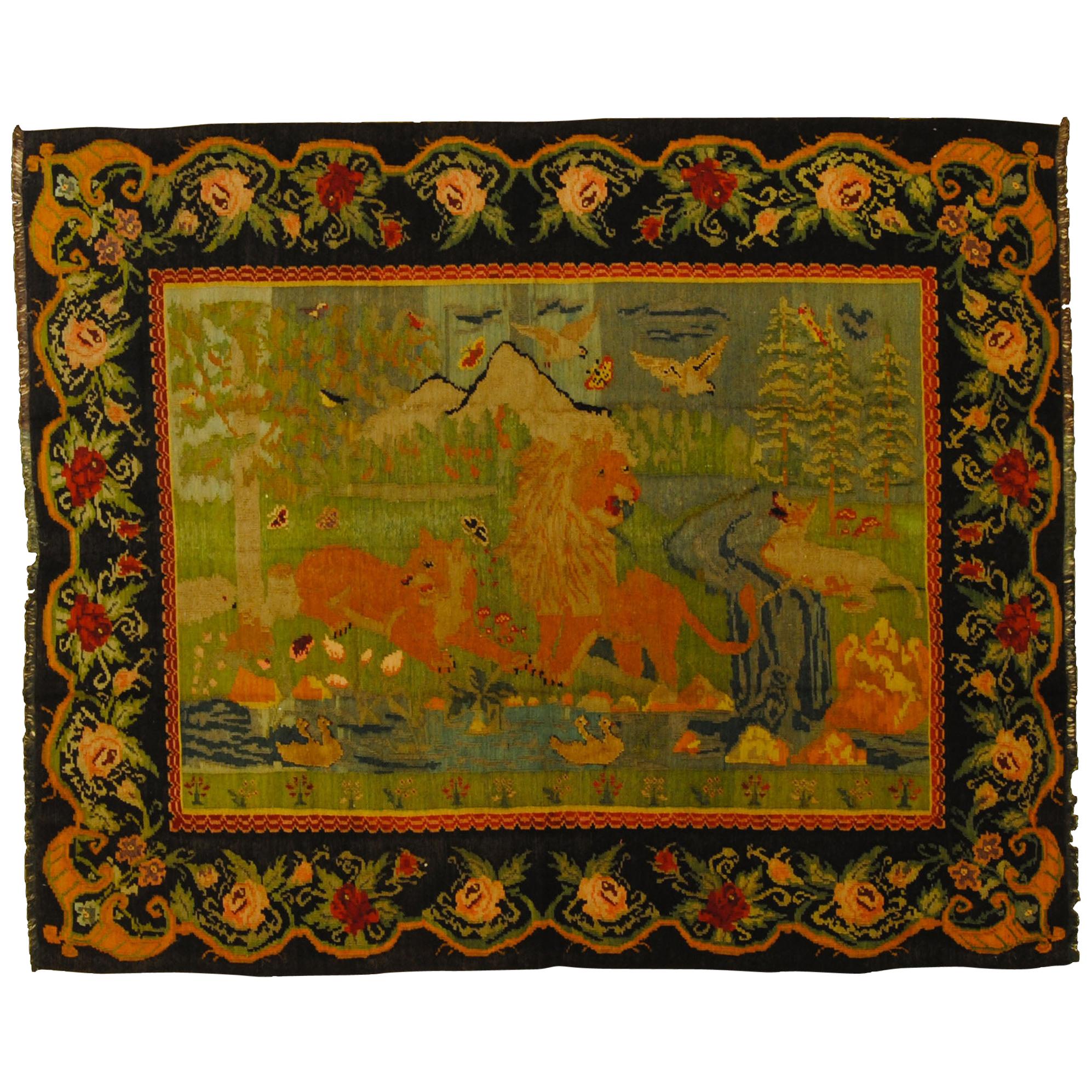 19th Century Green, Black, Animals and Lions Kilim Karabagh Rug, circa 1940s