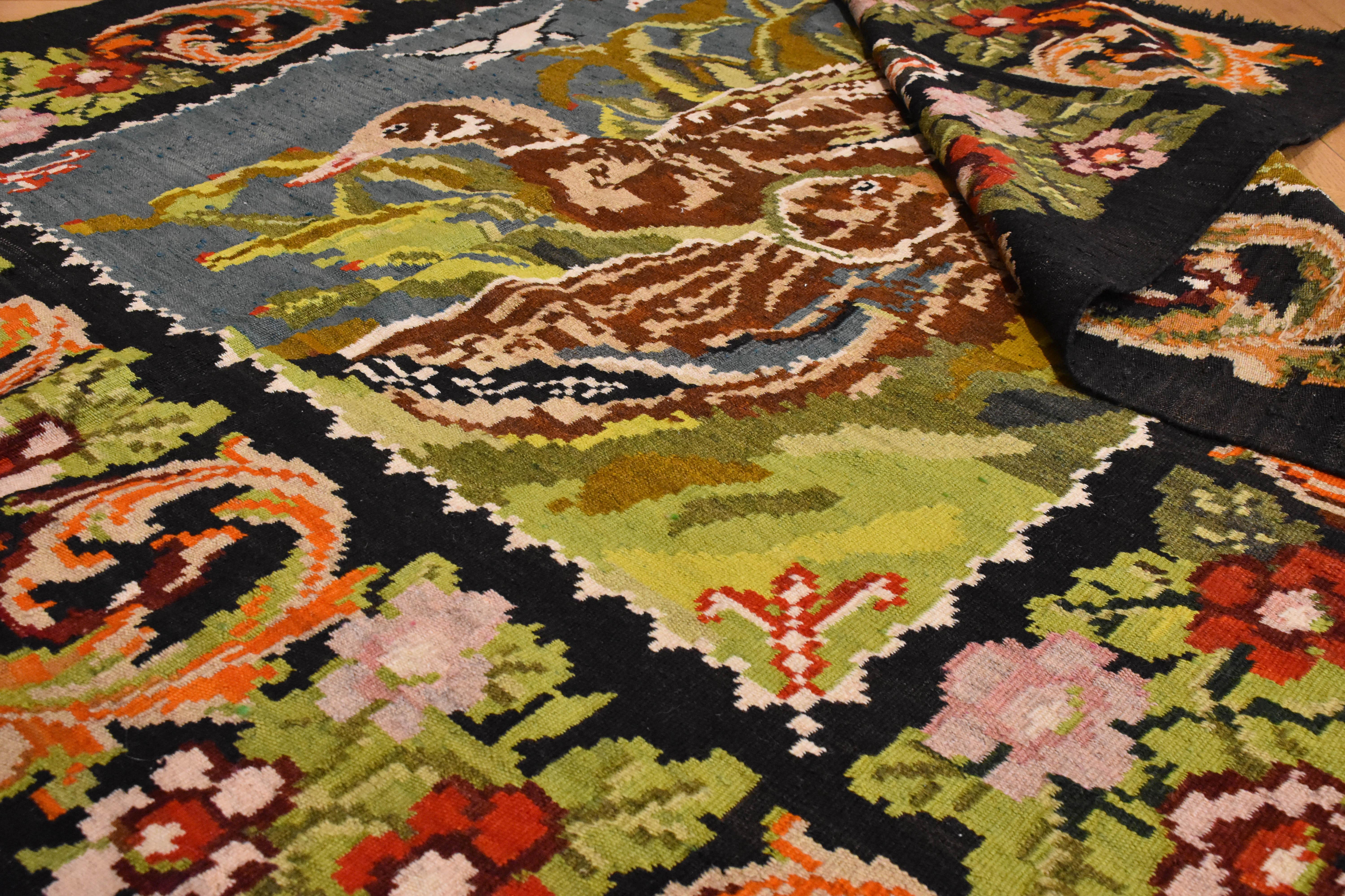 19th Century Green, Black Flowers and Animals Kilim Karabagh Rug, circa 1930s For Sale 5