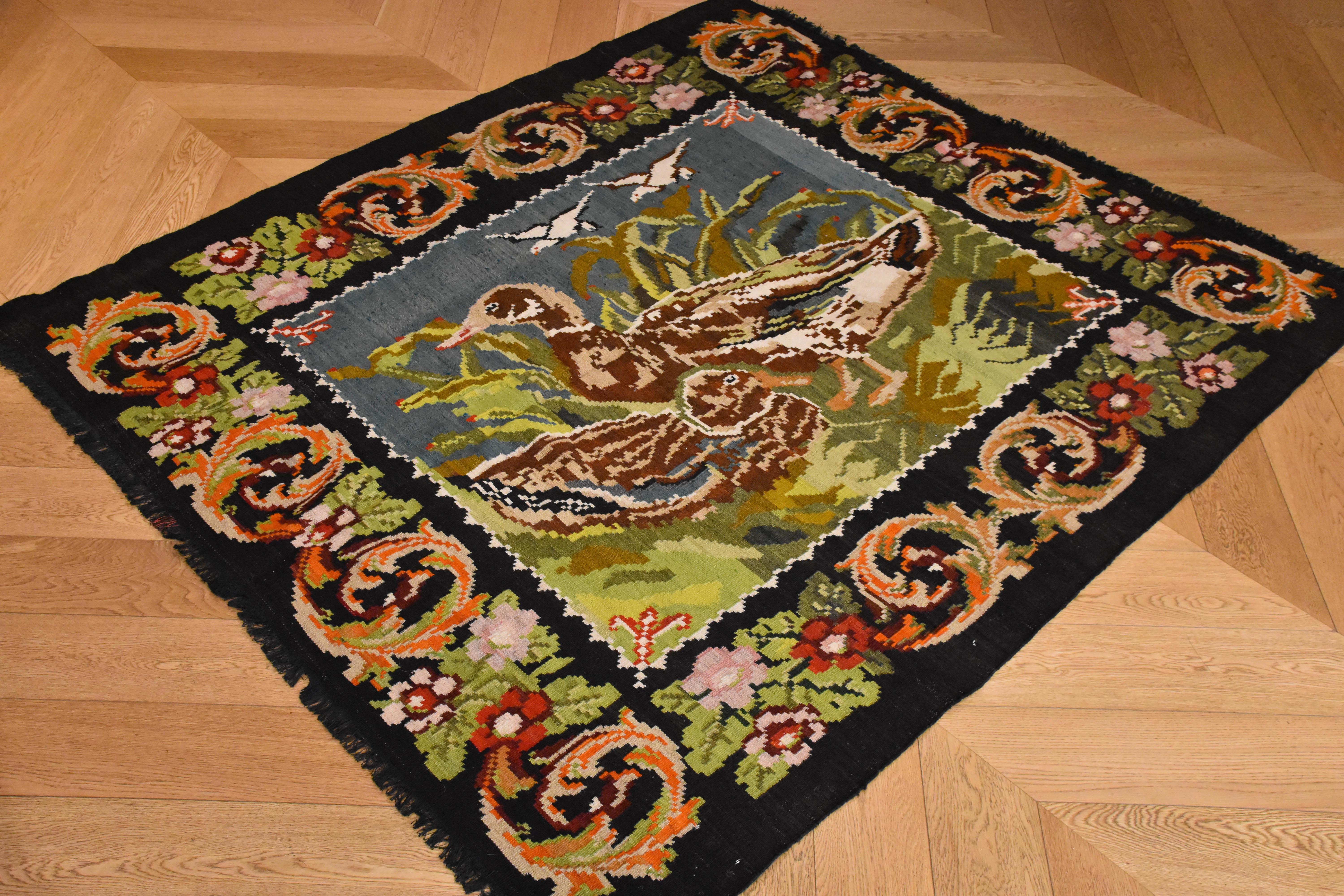 Armenian 19th Century Green, Black Flowers and Animals Kilim Karabagh Rug, circa 1930s For Sale