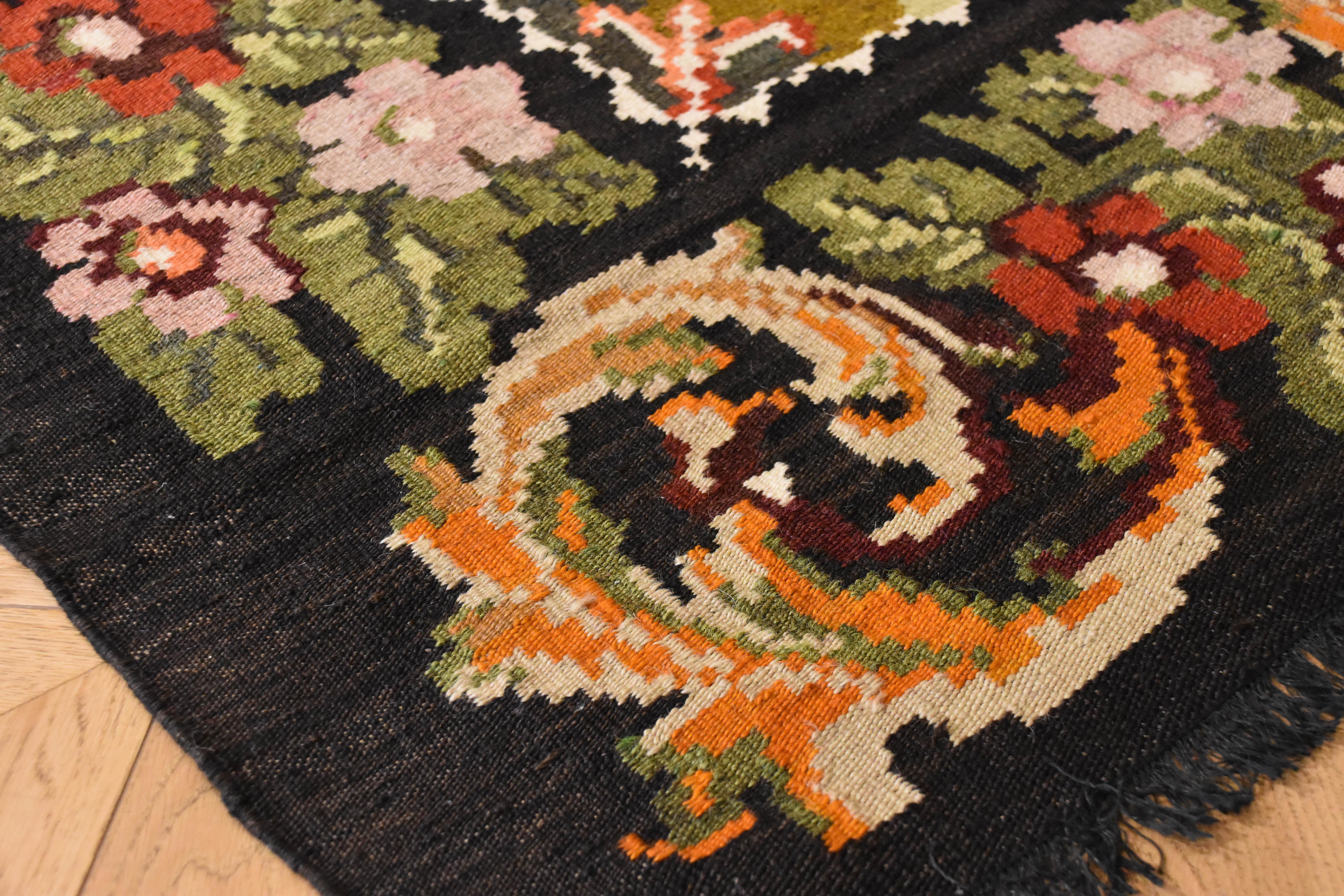 Wool 19th Century Green, Black Flowers and Animals Kilim Karabagh Rug, circa 1930s For Sale