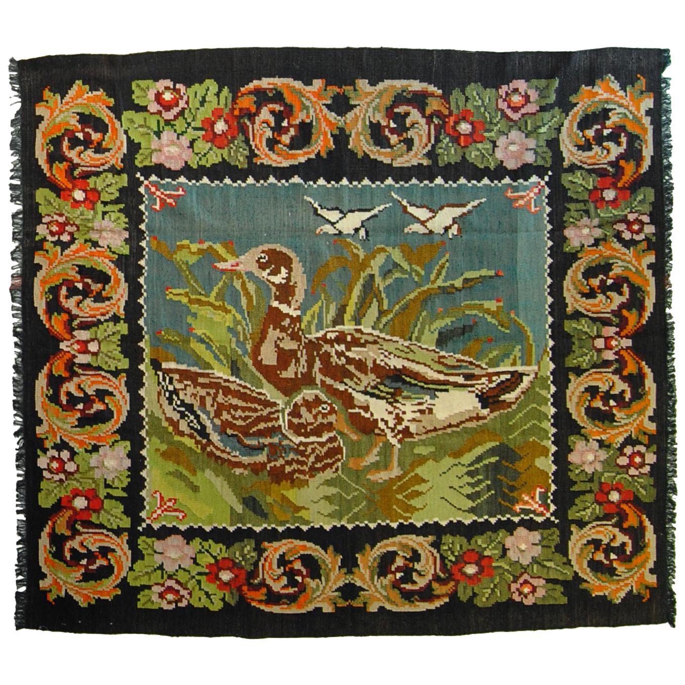 19th Century Green, Black Flowers and Animals Kilim Karabagh Rug, circa 1930s For Sale