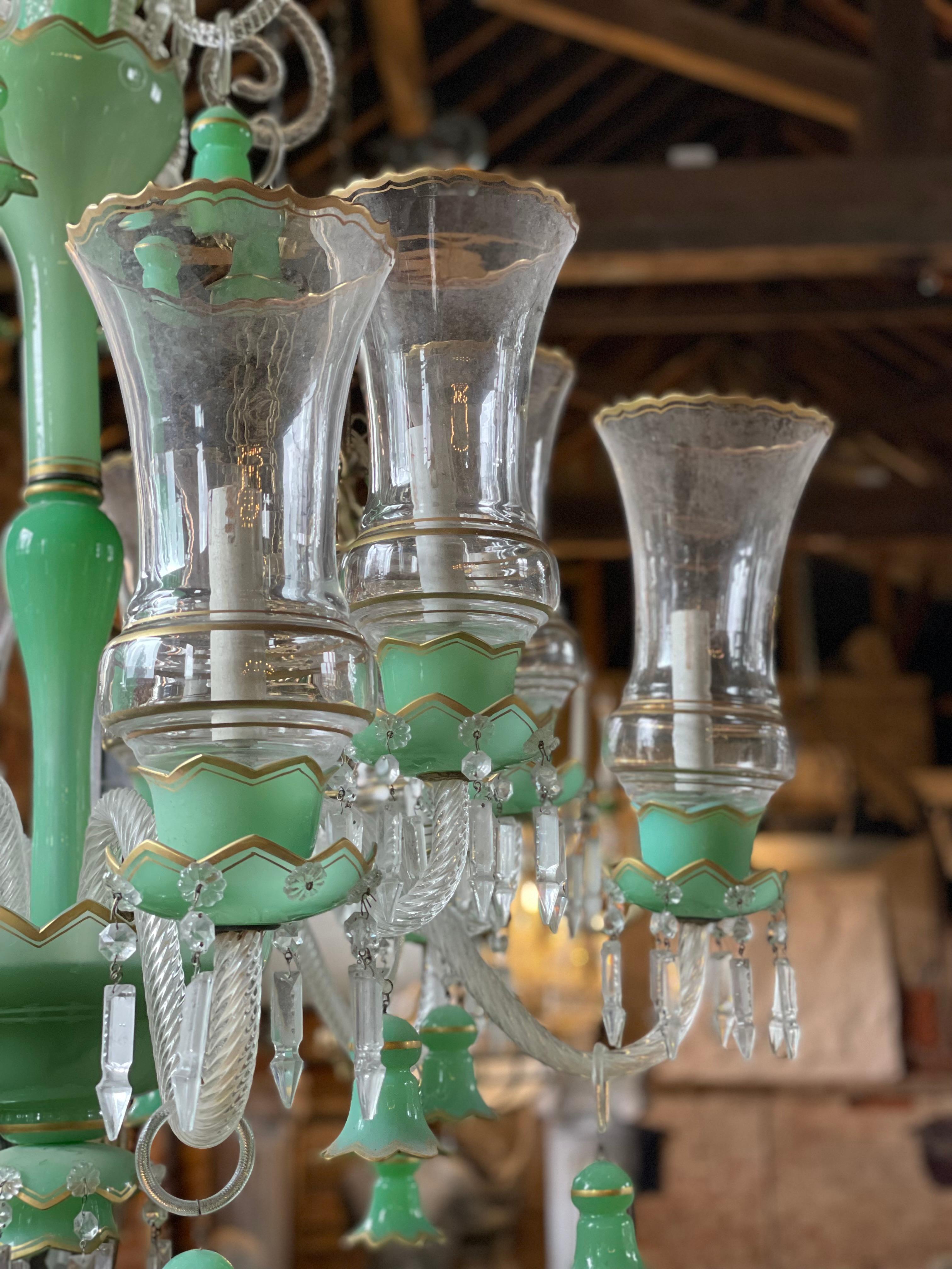 Lustre à 12 bras de lumière en verre vert de Bohème du 19e siècle.

Ce modèle est très populaire sur le marché du Moyen-Orient.