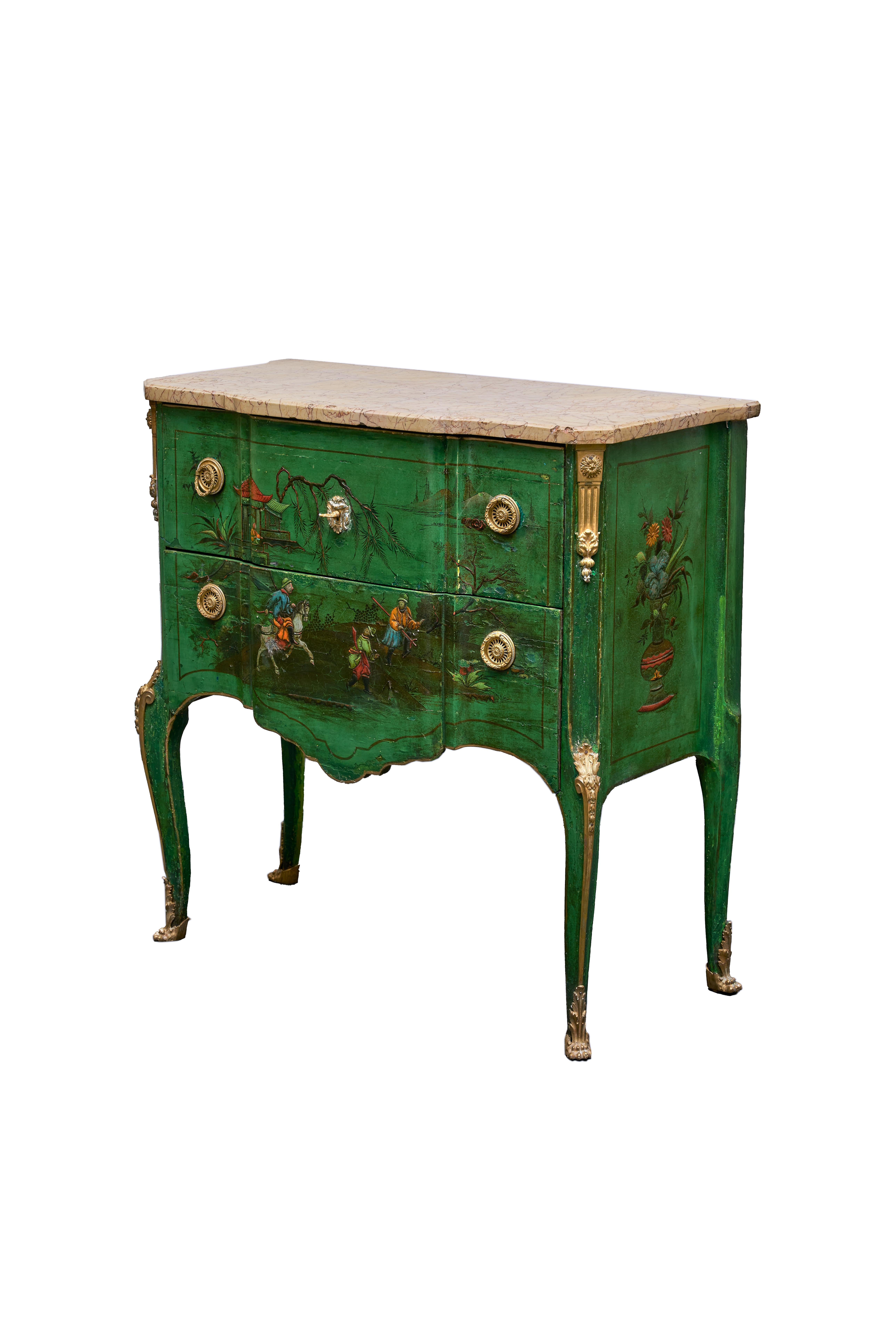 This late 19th-century French commode is a beautiful and unique piece of furniture that reflects the eclectic styles and influences of the time in which it was created. Its vibrant green chinoiserie paint decoration, bronze mounts and pulls, and