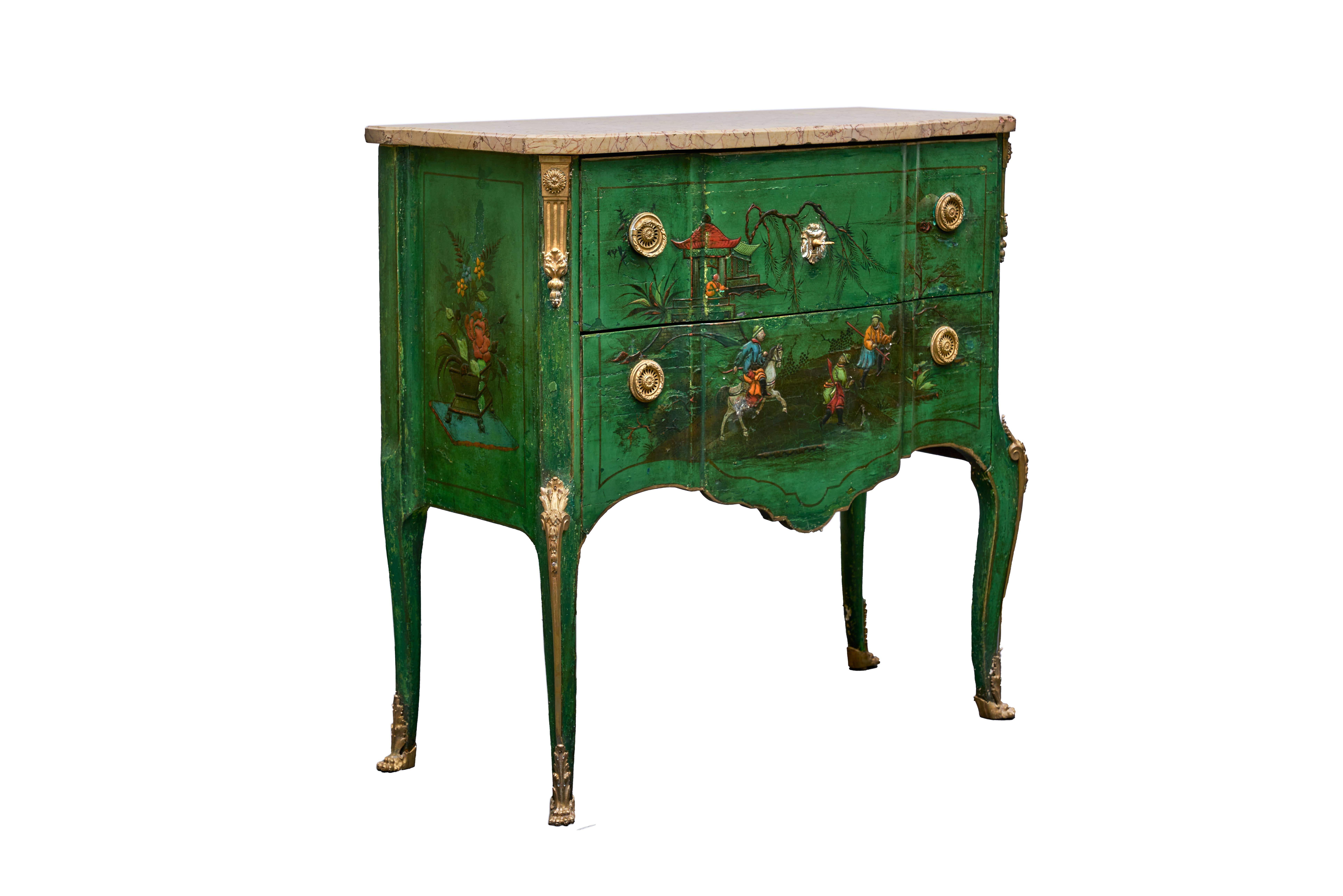 French 19th Century Green Chinoiserie Commode with Marble Top