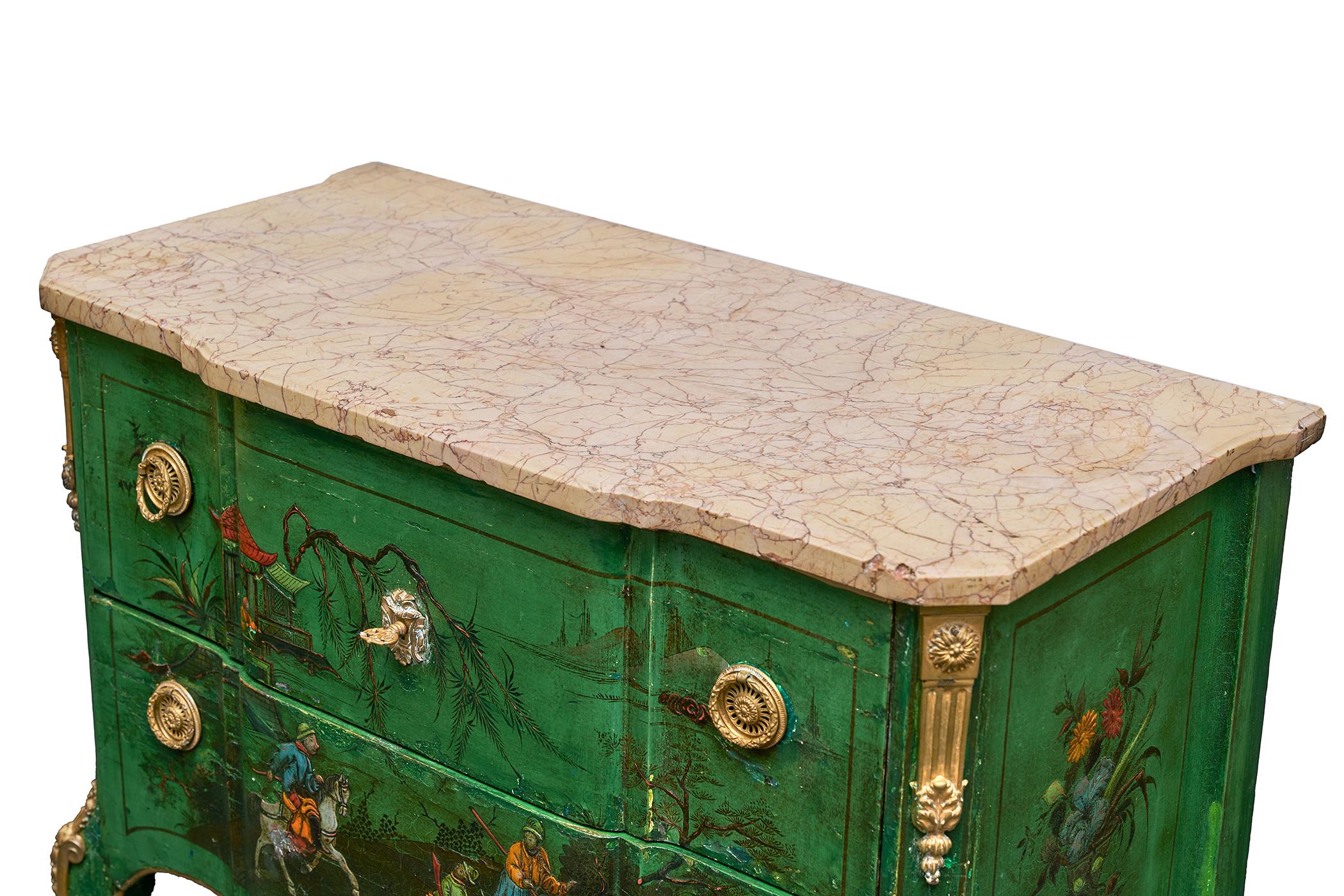 Bronze 19th Century Green Chinoiserie Commode with Marble Top